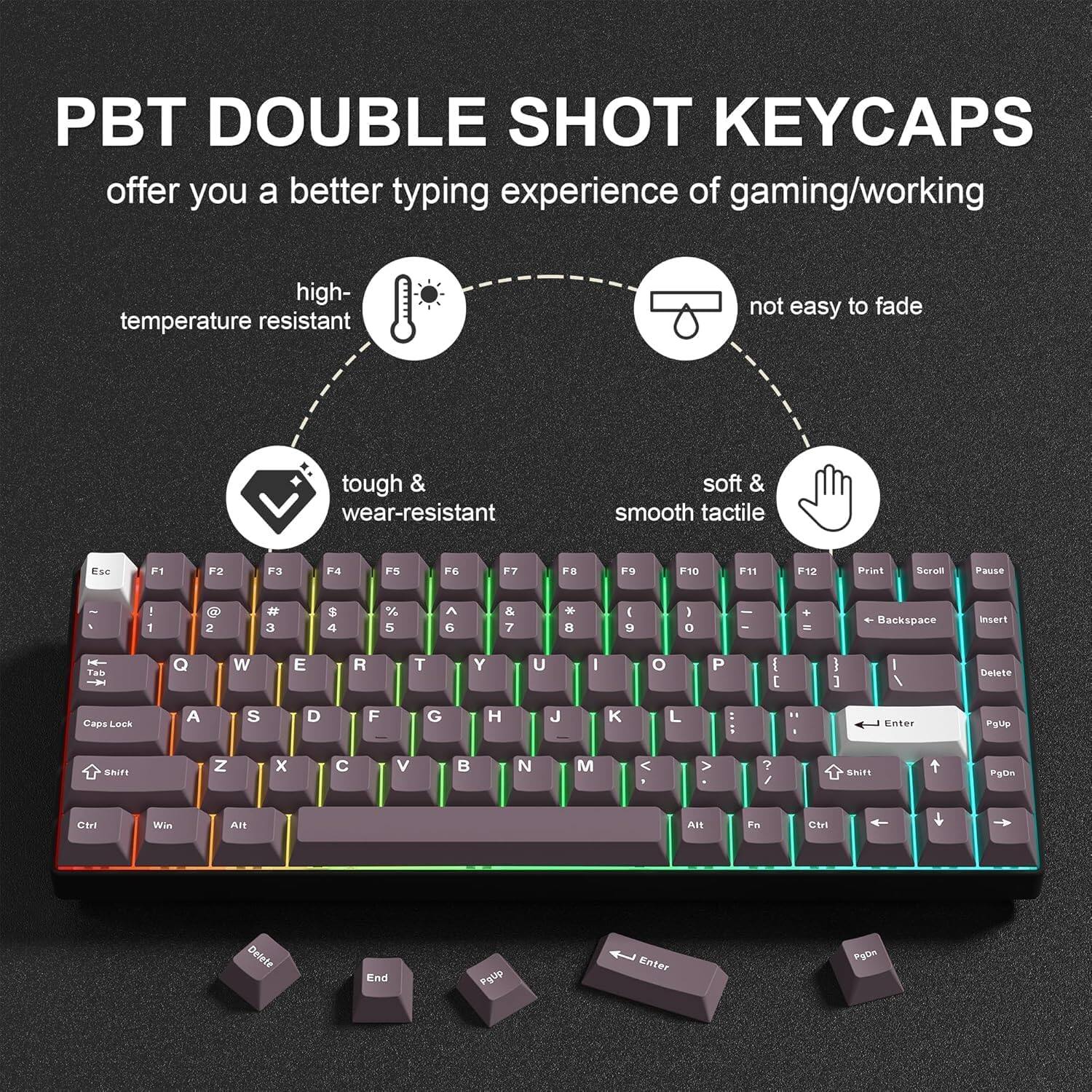 PBT DOUBLE SHOT KEYCAPS offer you a better typing experience of gaming/working

- high-temperature resistant
- not easy to fade
- tough & wear-resistant
- soft & smooth tactile

Keycap Layout:
- Esc F1 F2 F3 F4 F5 F6 F7 F8 F9 F10 F11 F12
- Print Scroll Pause
- ! 1 2 3 4 5 6 7 8 9 0 - = Backspace
- Insert Home End
- Q W E R T Y U I O P
- A S D F G H J K L ;
- Z X C V B N M , . / Enter
- Shift Caps Lock
- Ctrl Win Alt Fn
- Delete PgUp PgDn