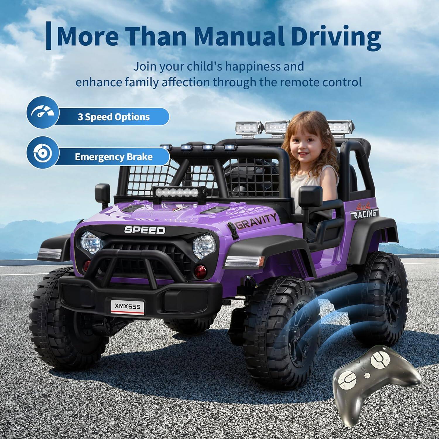More Than Manual Driving

Join your child's happiness and enhance family affection through the remote control

- 3 Speed Options
- Emergency Brake

GRAVITY
SPEED
RACING
XMX655