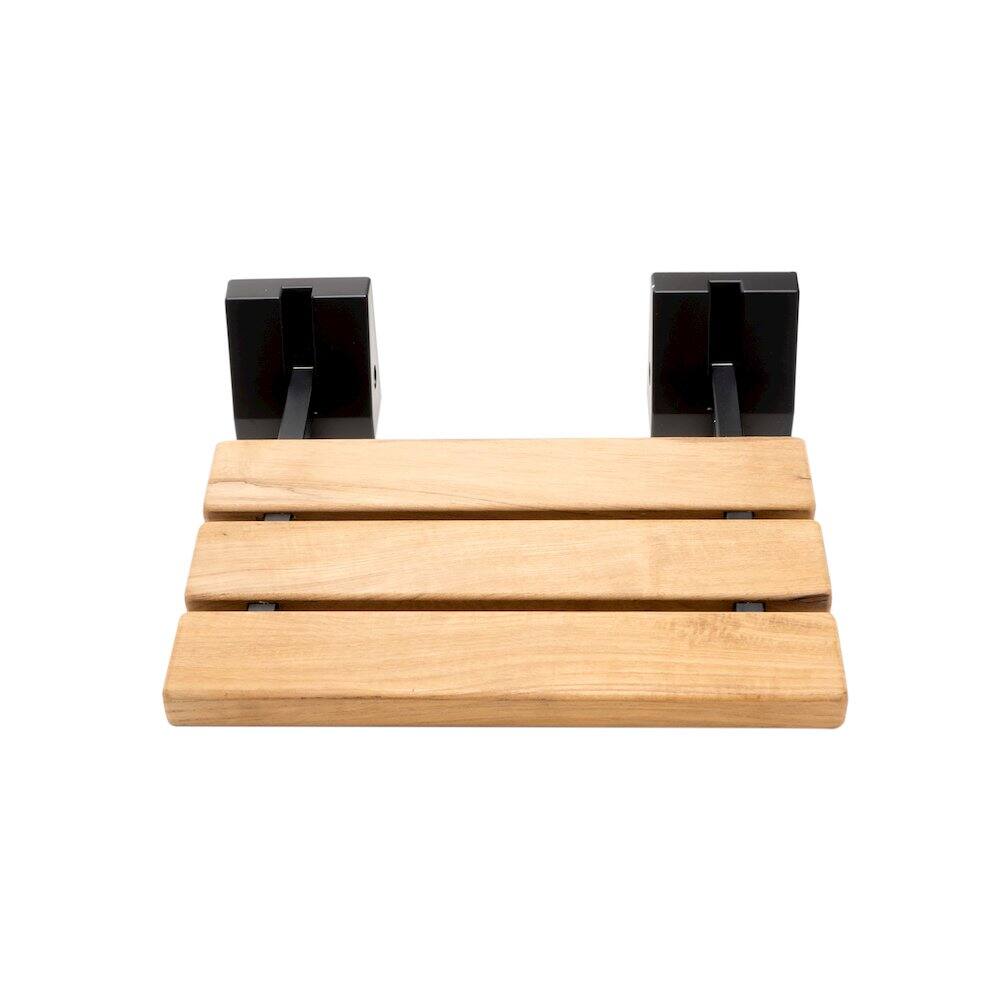 Back. Alfi - Black Matte 16" Wide Foldable Teak Shower Seat with Square Hardware - Brown.