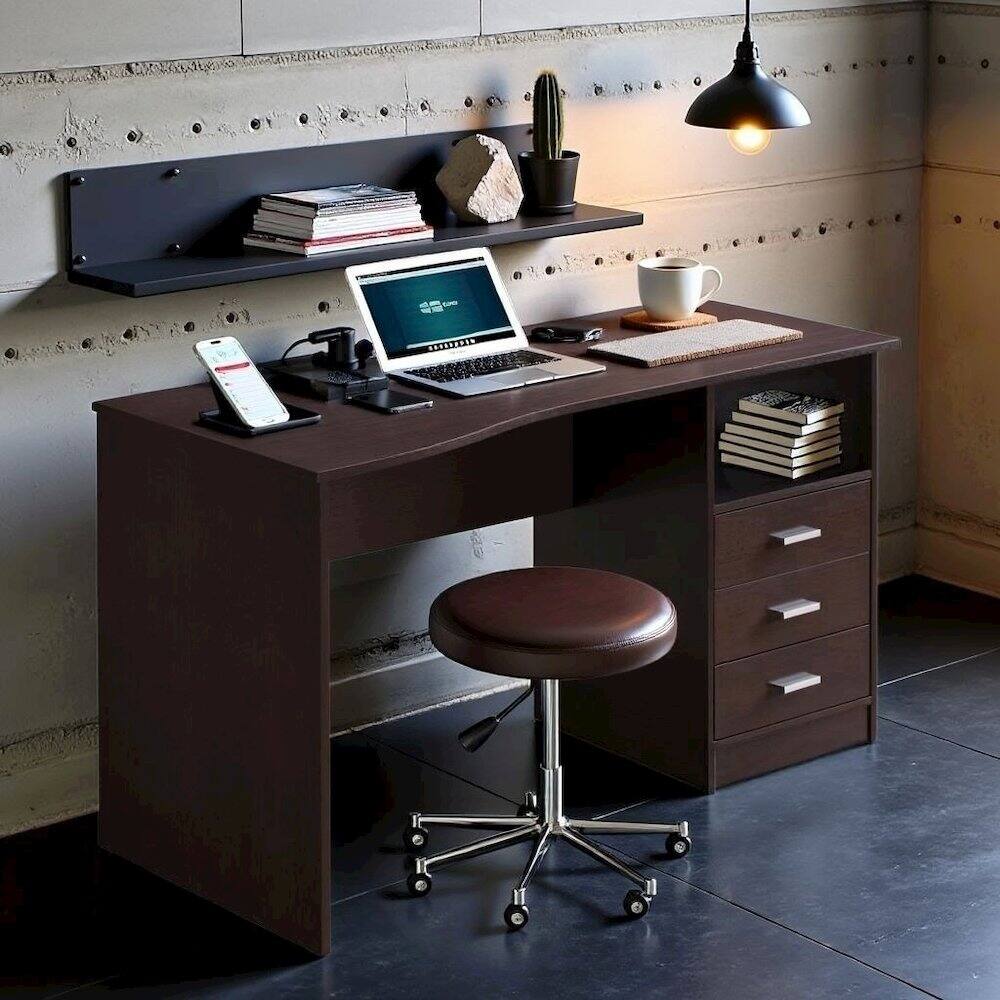 Alt View 4. FurniFact - Brown Wood Desk With 3 Storage Drawers And Shelf - Brown.