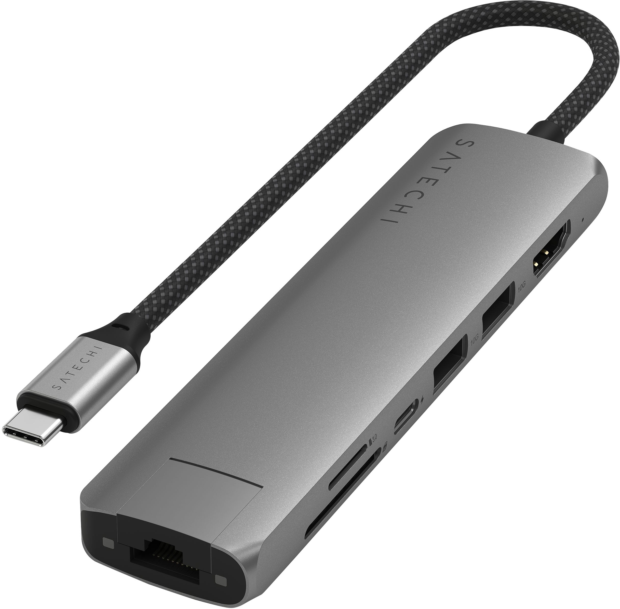 Satechi - 7-in-1 USB-C Slim Multiport Adapter w/ Ethernet, 4K HDMI, 60W USB-C, 2 USB-A, SD/Micro Readers for Mac & Windows - Space Gray