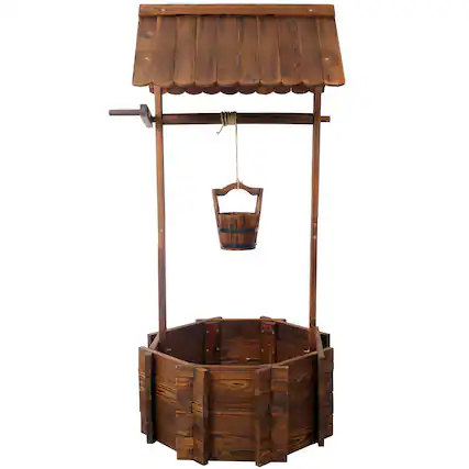 Front. GOODSILO - Rustic Wooden Wishing Well Planter for Garden and Patio Decor with Hanging Bucket and Protective Roof - Brown.