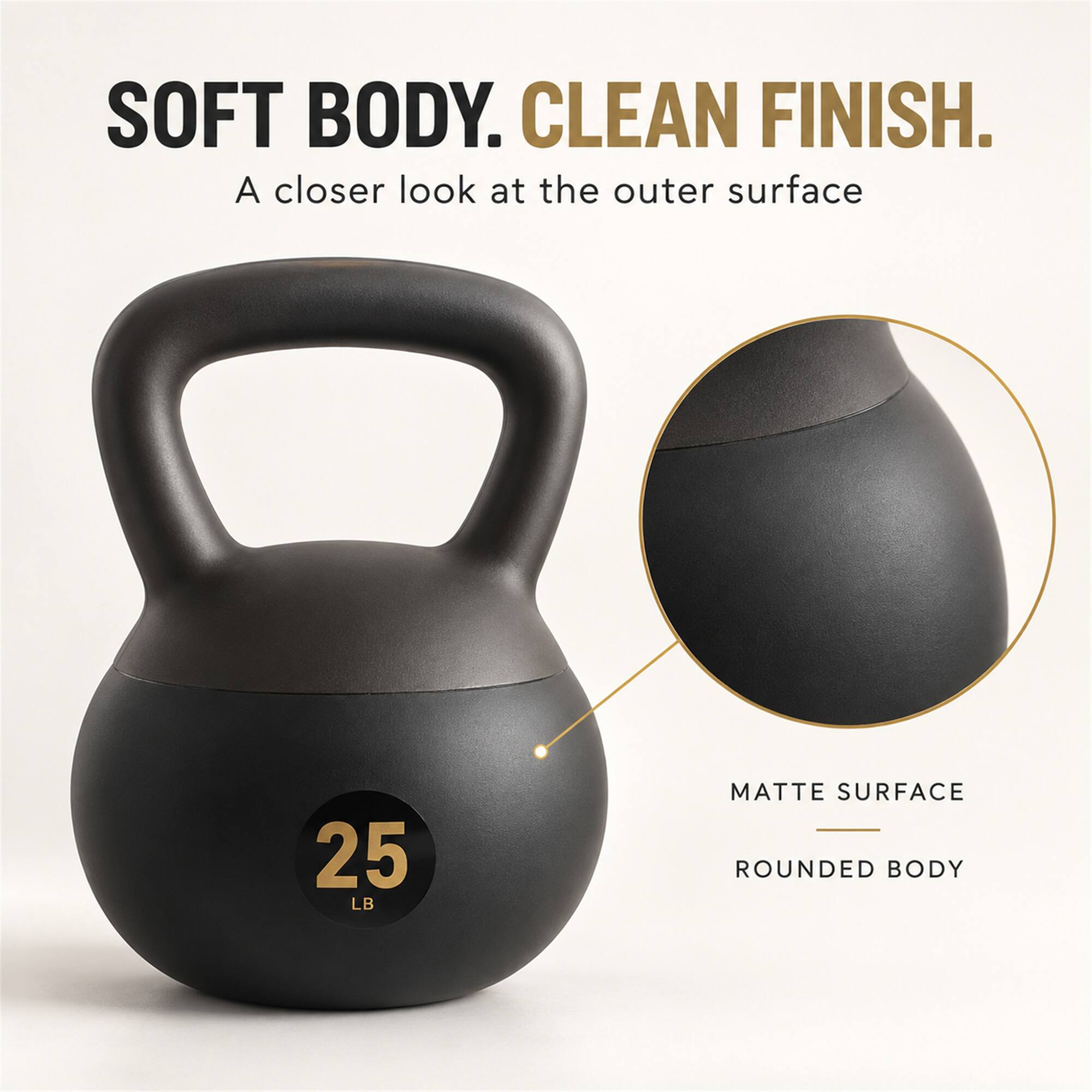 SOFT BODY. CLEAN FINISH.  
A closer look at the outer surface

25 LB

MATTE SURFACE  
ROUNDED BODY