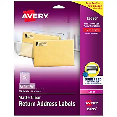 Easy Peel™ with Pop-up Edge™ for easy peeling
AVERY 15695
Free Easy-to-Use Avery Templates
avery.com/templates
CWP 60 SURE FEED TECHNOLOGY
2/3" x 13/4" 600 labels 10 sheets
Matte Clear Return Address Labels
Laser
AVERY 15695