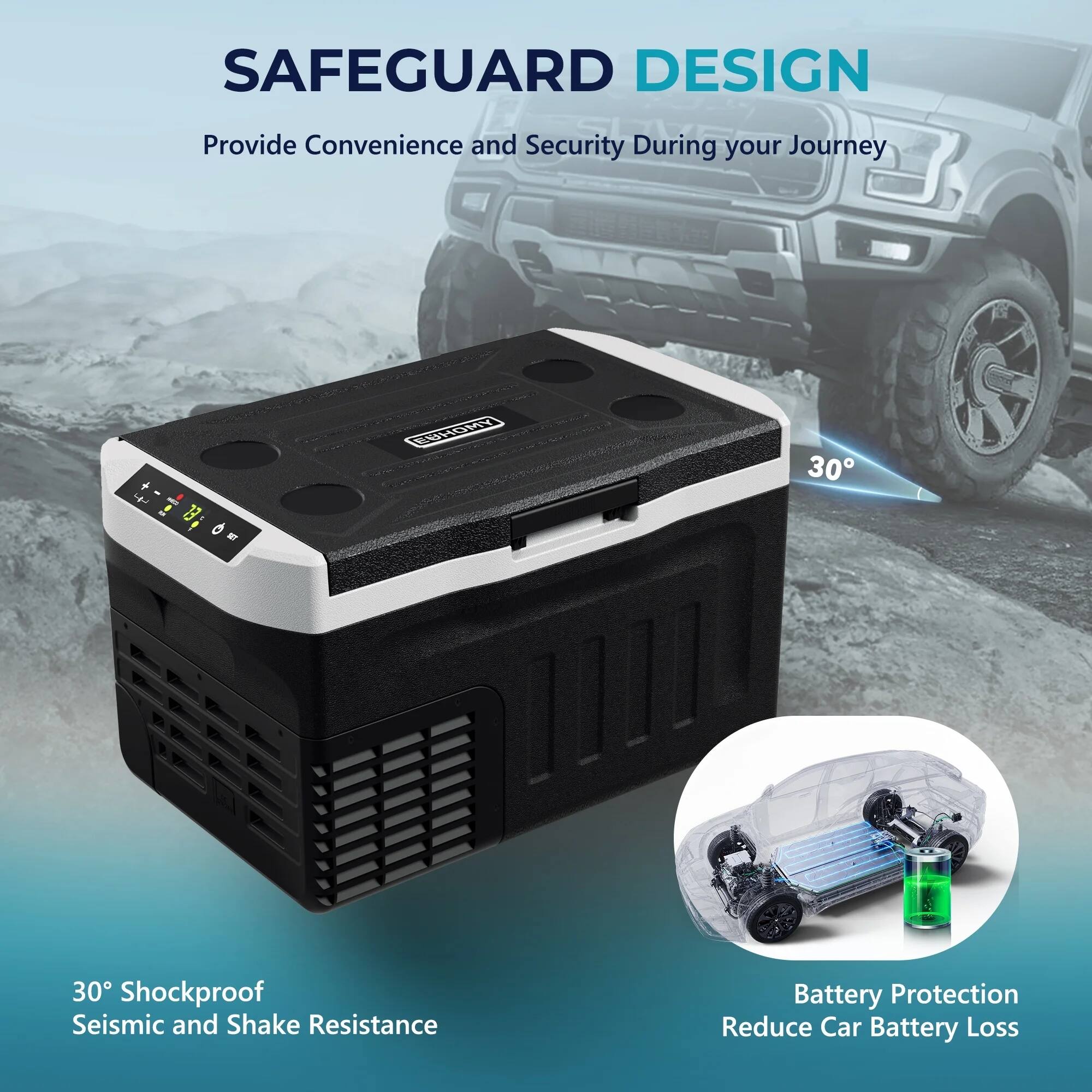 SAFEGUARD DESIGN  
Provide Convenience and Security During your Journey  

30° Shockproof  
Seismic and Shake Resistance  

Battery Protection  
Reduce Car Battery Loss