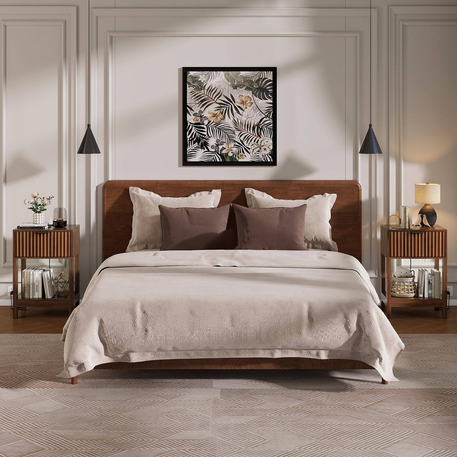 Alt View 2. Empire DigiLabs - Night Stand Set 2 Fluted Nightstand With Charging Station Wood Bedside Table Drawer & Storage Shelf Modern ... - Walnut.