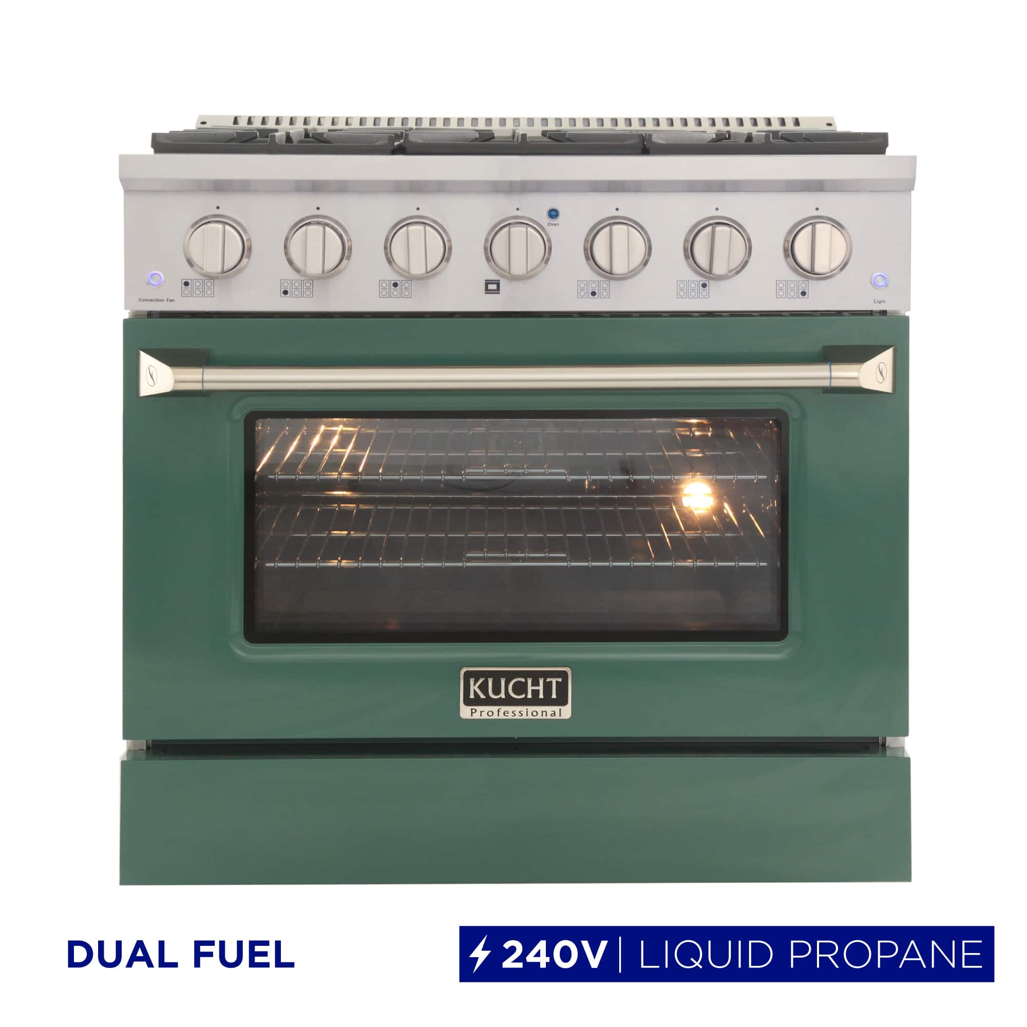 Kucht - 36" Dual Fuel Range for LP, 5.2 cu. ft., SS/Green Door, Sealed Burners, Convection Oven - Green