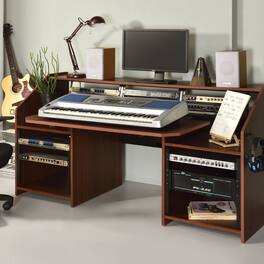 GOODSILO - Professional Music Studio Desk with Storage Shelves and Cable Management for Musicians and Composers - Cherry