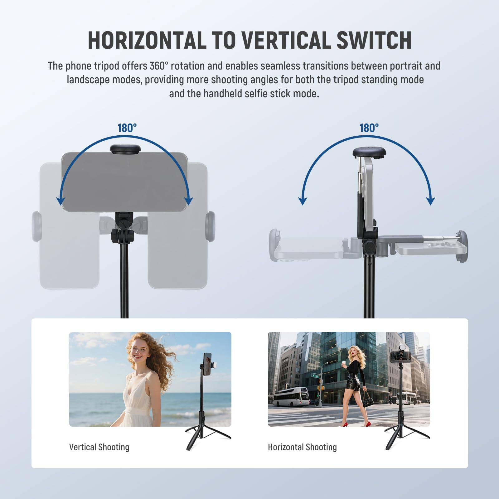 HORIZONTAL TO VERTICAL SWITCH

The phone tripod offers 360° rotation and enables seamless transitions between portrait and landscape modes, providing more shooting angles for both the tripod standing mode and the handheld selfie stick mode.

180° Vertical Shooting

180° Horizontal Shooting