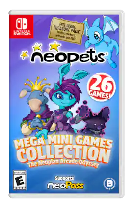 FREE INSIDE: NINTENDO TREASURE PACK! SWITCH
Poster, stickers, artcards and DLC!
neopets 26 GAMES!
MEGA MINI GAMES COLLECTION
The Neopian Arcade Odyssey
EVERYONE
Supports neopass
PRODUCTION INTERNATIONAL
ESRB BOLT 1 - RP (Rating Pending)