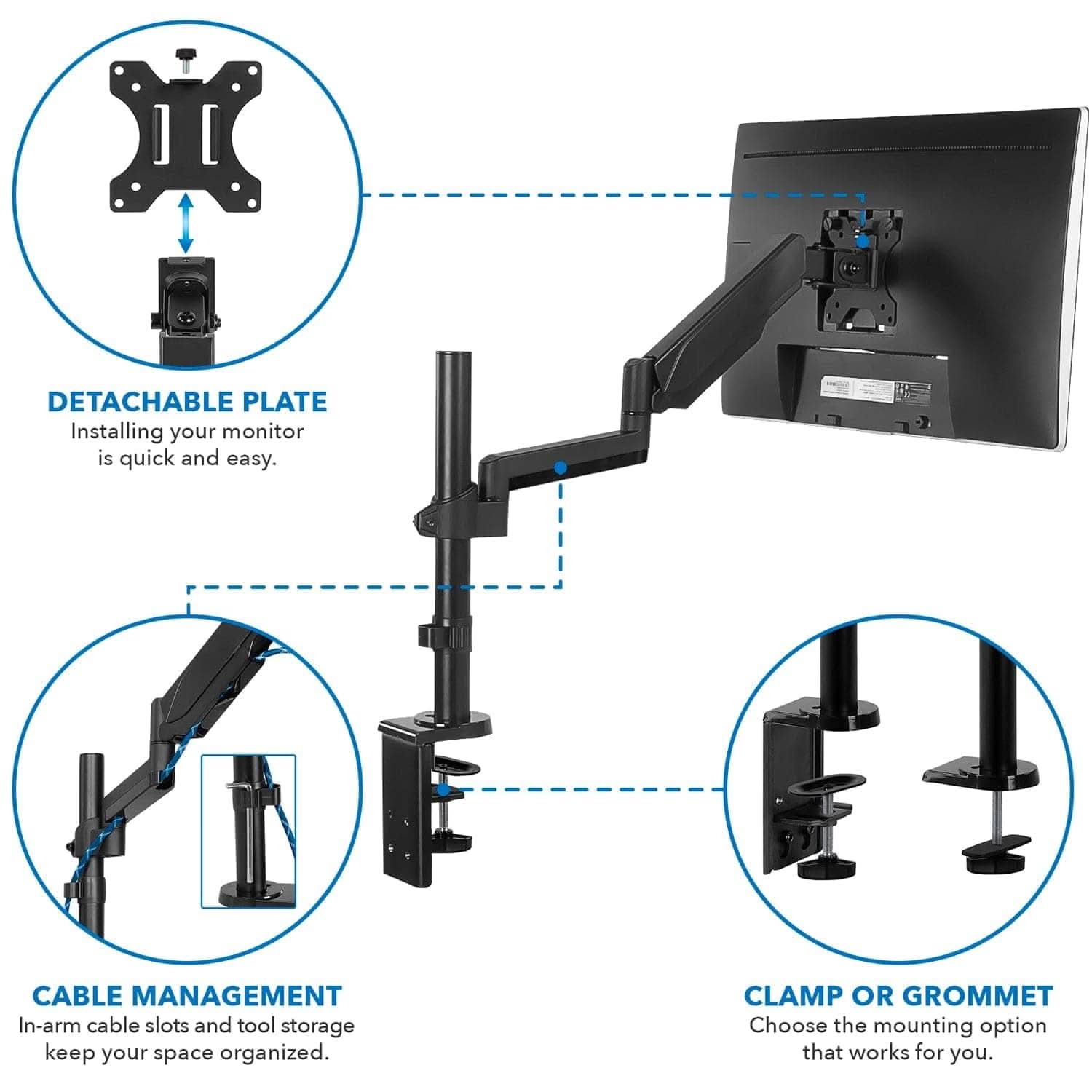 **DETACHABLE PLATE**  
Installing your monitor is quick and easy.

**CABLE MANAGEMENT**  
In-arm cable slots and tool storage keep your space organized.

**CLAMP OR GROMMET**  
Choose the mounting option that works for you.