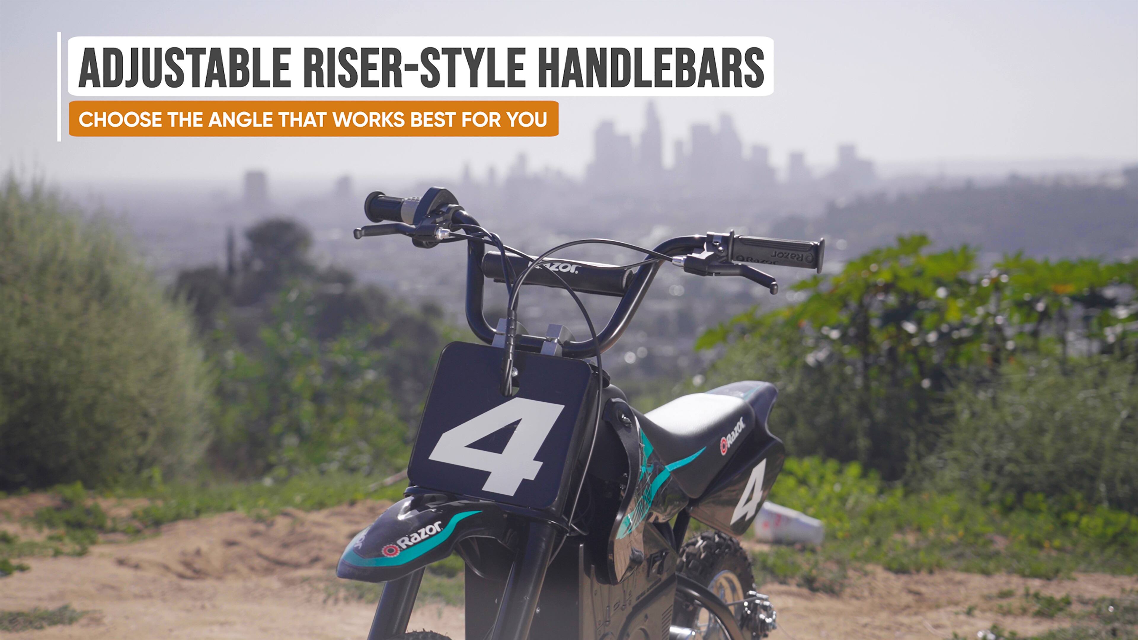 Adjustable riser-style handlebars. Choose the angle that works best for you.