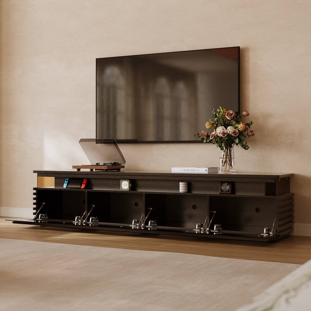 Left. POVISON - 95" Fully Assembled TV Stand with Adjustable LED Lights, Modern Black Media Console Fits 85 Inch TVs Ventilated Storage - Black.
