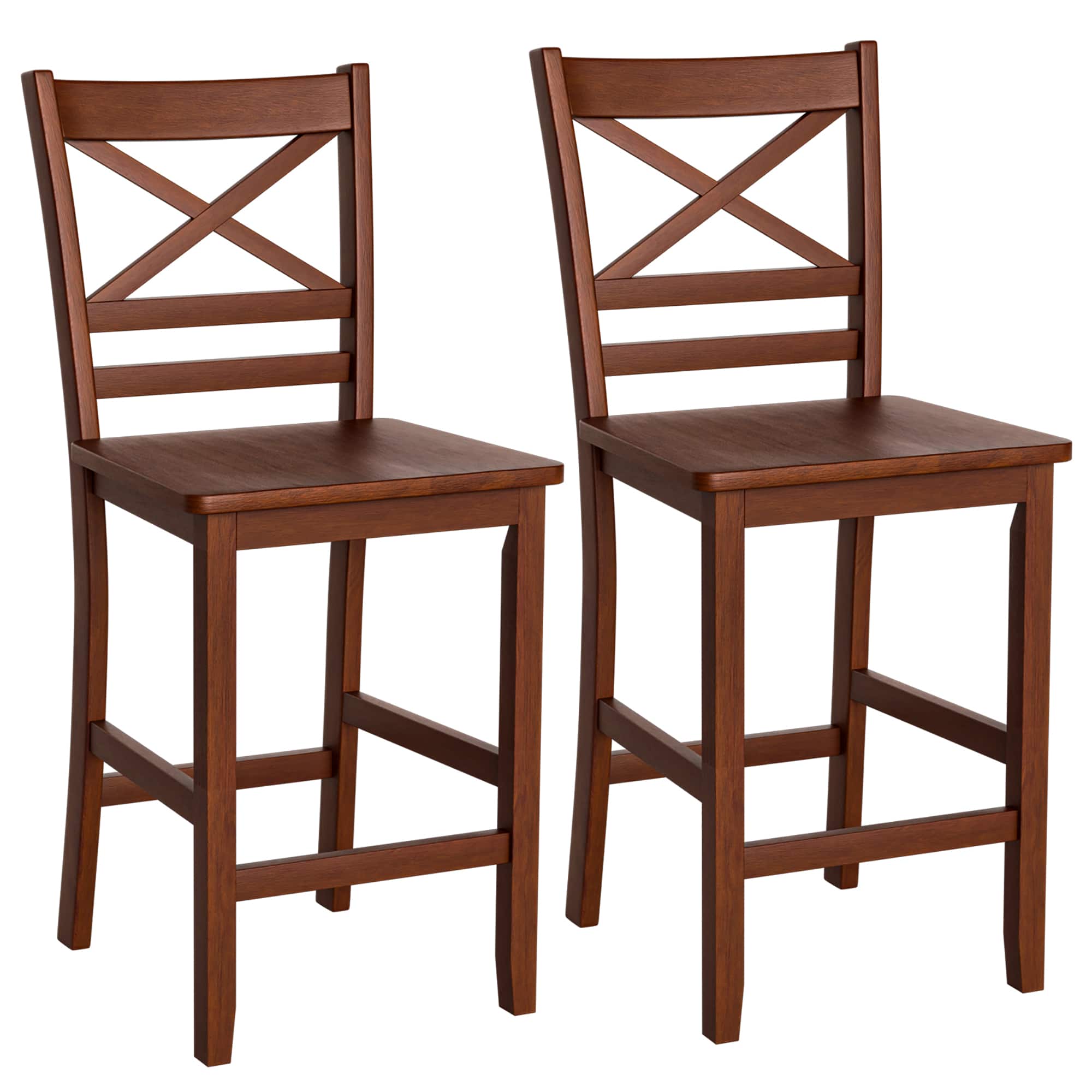 Costway - Set of 2 Bar Stools 24" Counter Height Chairs w/ Rubber Wood Legs - Antique Walnut