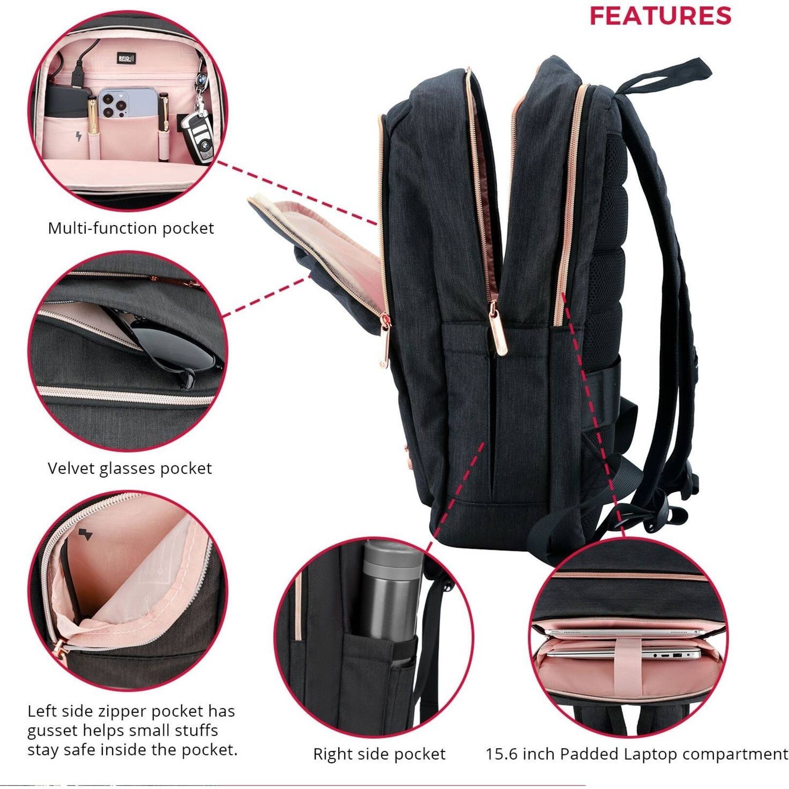 Features:
1. Multi-function pocket: This pocket has a zipper and is designed to hold small items securely.
2. Velvet glasses pocket: This pocket is specifically designed to hold glasses, providing a soft and protective environment for them.
3. Left side zipper pocket: This pocket has a gusset, which helps keep small items organized and safe inside the pocket.
4. Right side pocket: This pocket is 15.6 inches in size and is padded to protect a laptop inside it.