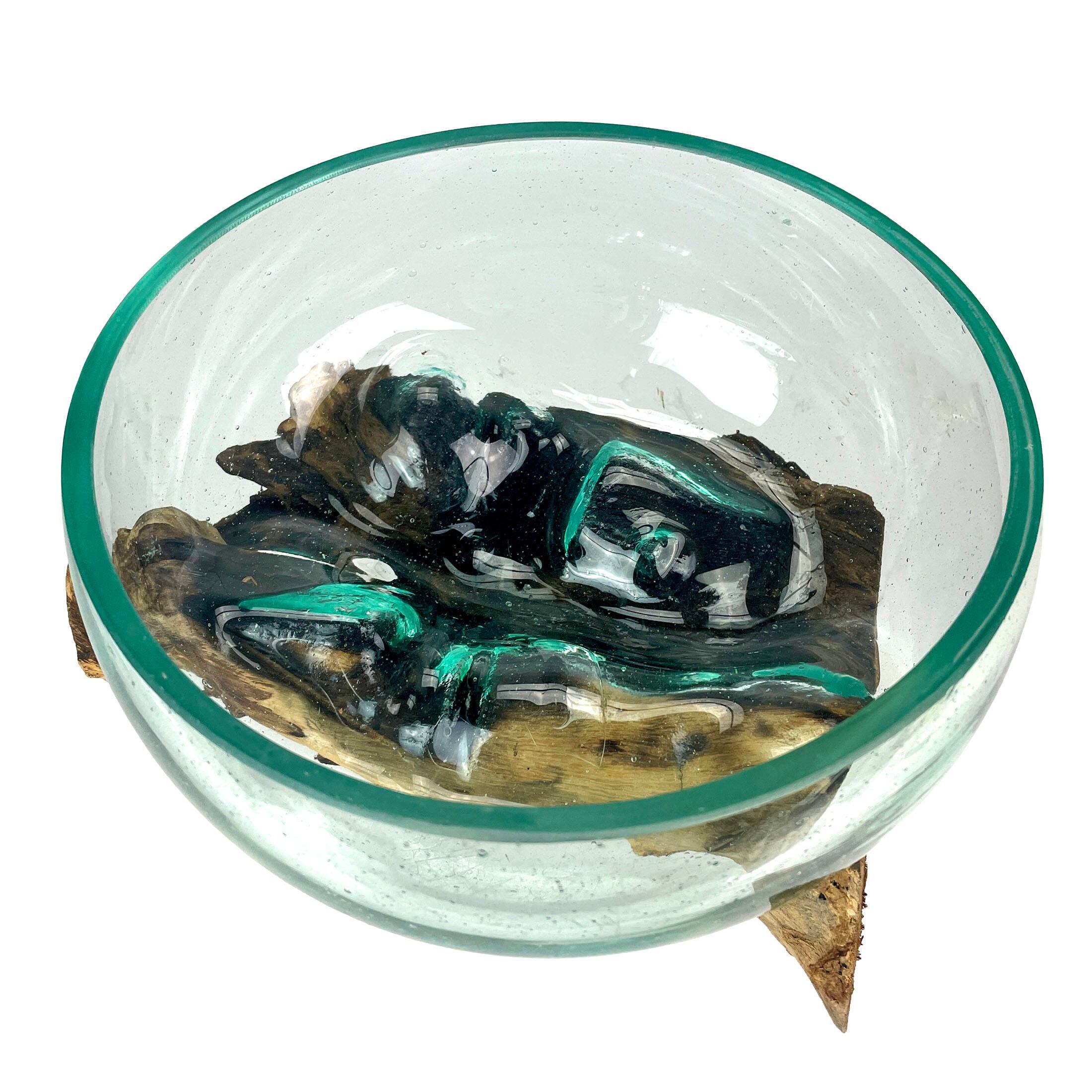 Alt View 2. Things2Die4 - Molten Glass Bowl on Driftwood 10" Hand Blown Decorative Centerpiece Planter - Natural.
