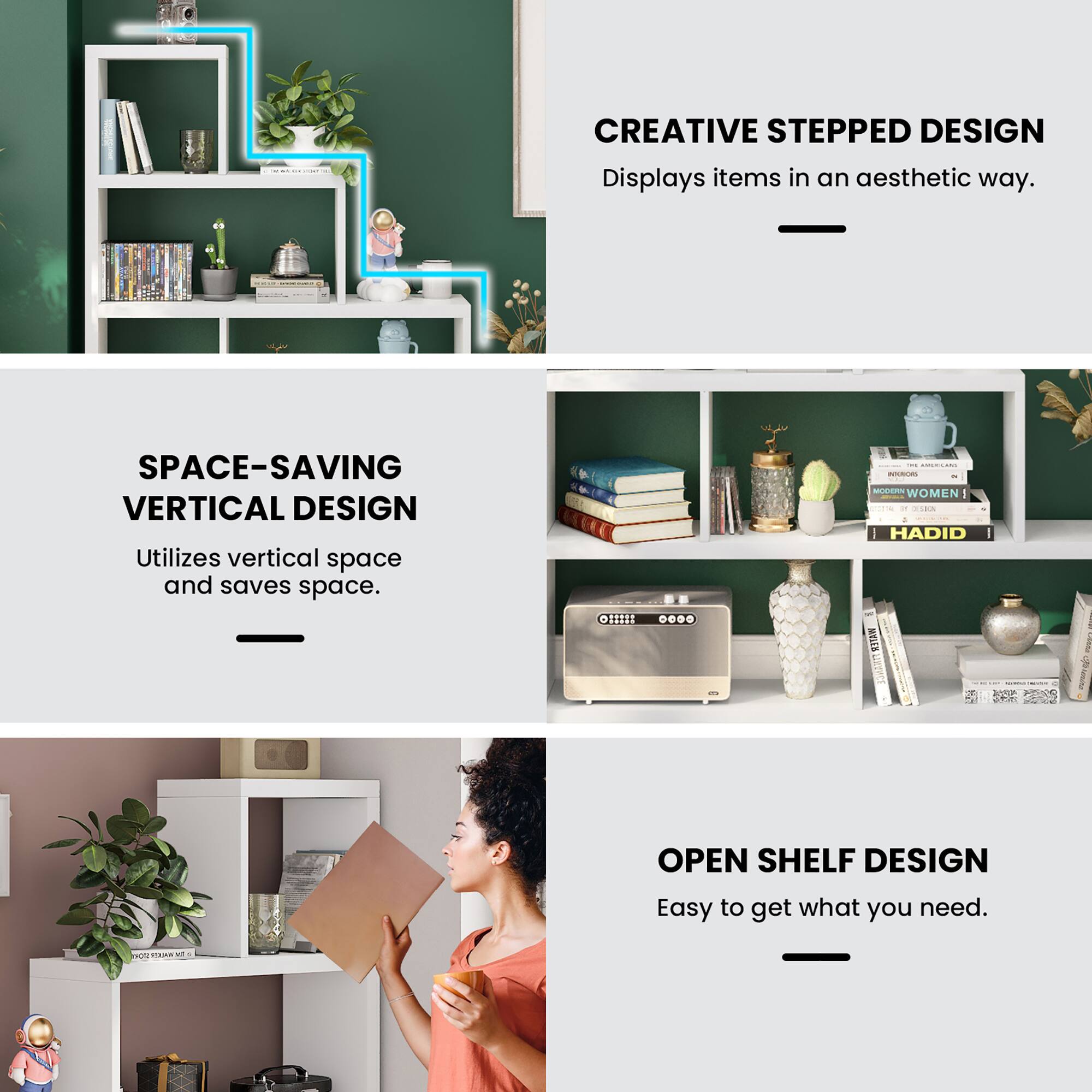 Creative Stepped Design: Displays items in an aesthetic way.
Space-Saving Vertical Design: Utilizes vertical space and saves space.
Open Shelf Design: Easy to get what you need.