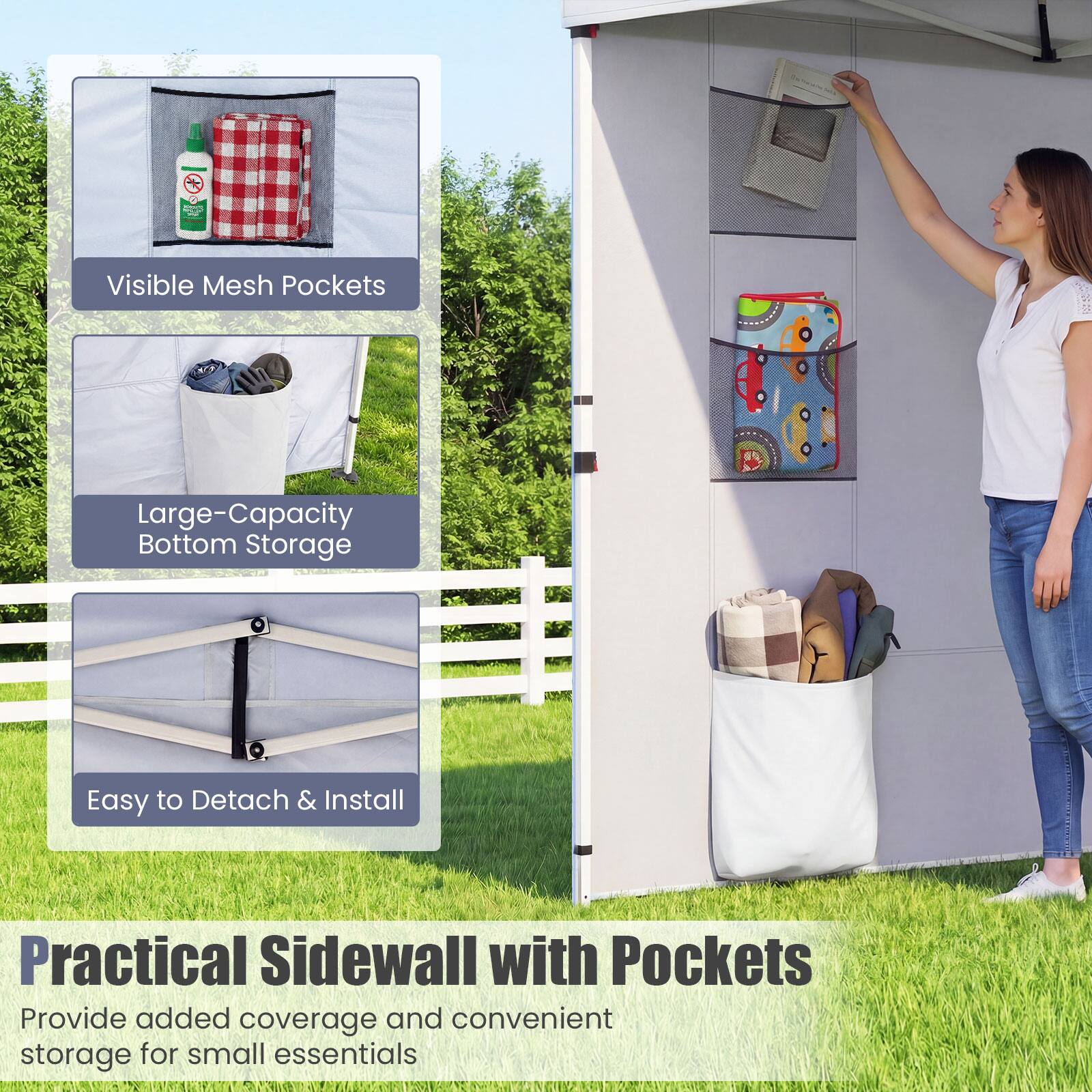 Visible Mesh Pockets  
Large-Capacity Bottom Storage  
Easy to Detach & Install  

Practical Sidewall with Pockets  
Provide added coverage and convenient storage for small essentials