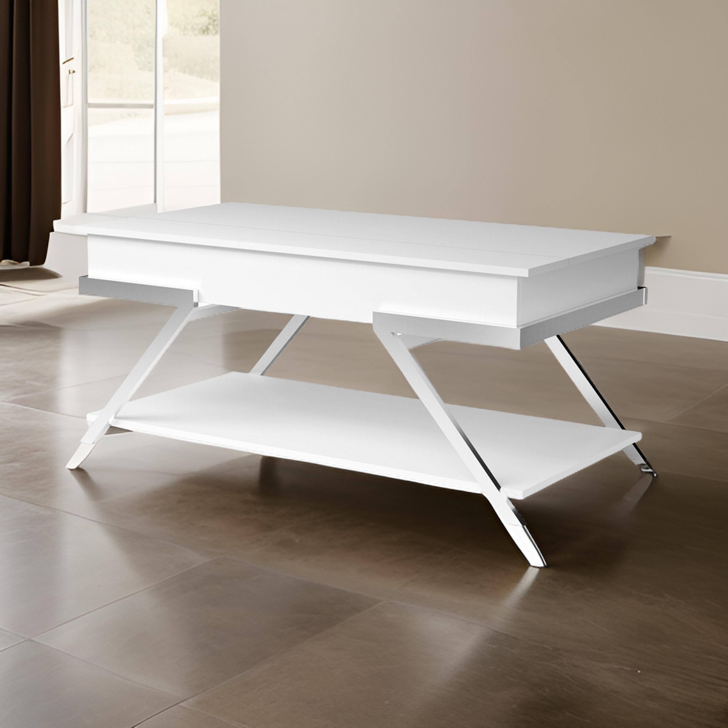 Alt View 5. Manhattan Lane - Tius 48 Inch Coffee Table, Chrome Frame, Lift Top, High Gloss White Finish - White, Chrome.