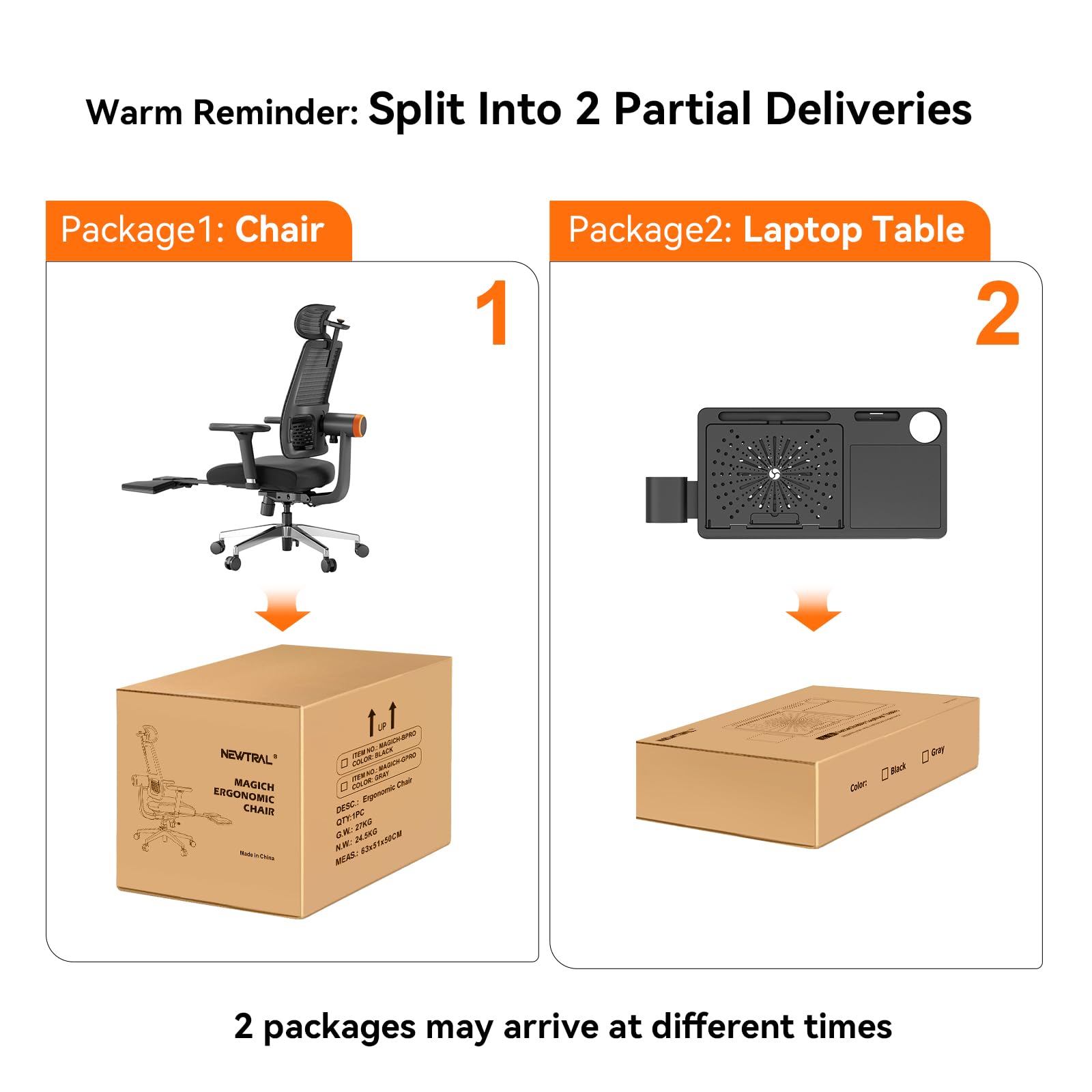 Warm Reminder: Split Into 2 Partial Deliveries

Package1: Chair

Package2: Laptop Table

2 packages may arrive at different times