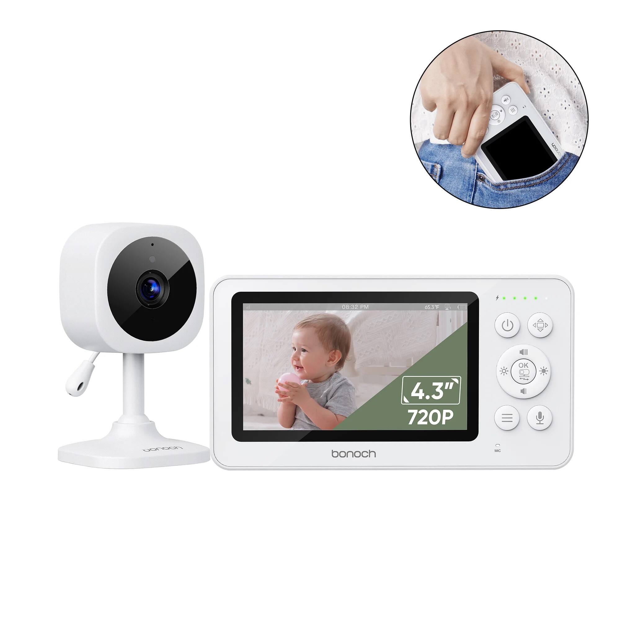bonoch - 720P 4.3" Baby Monitor with Camera and Audio, 4000mAh Battery Video Baby Monitor No WiFi, VOX Mode, 2 Way Audio - White