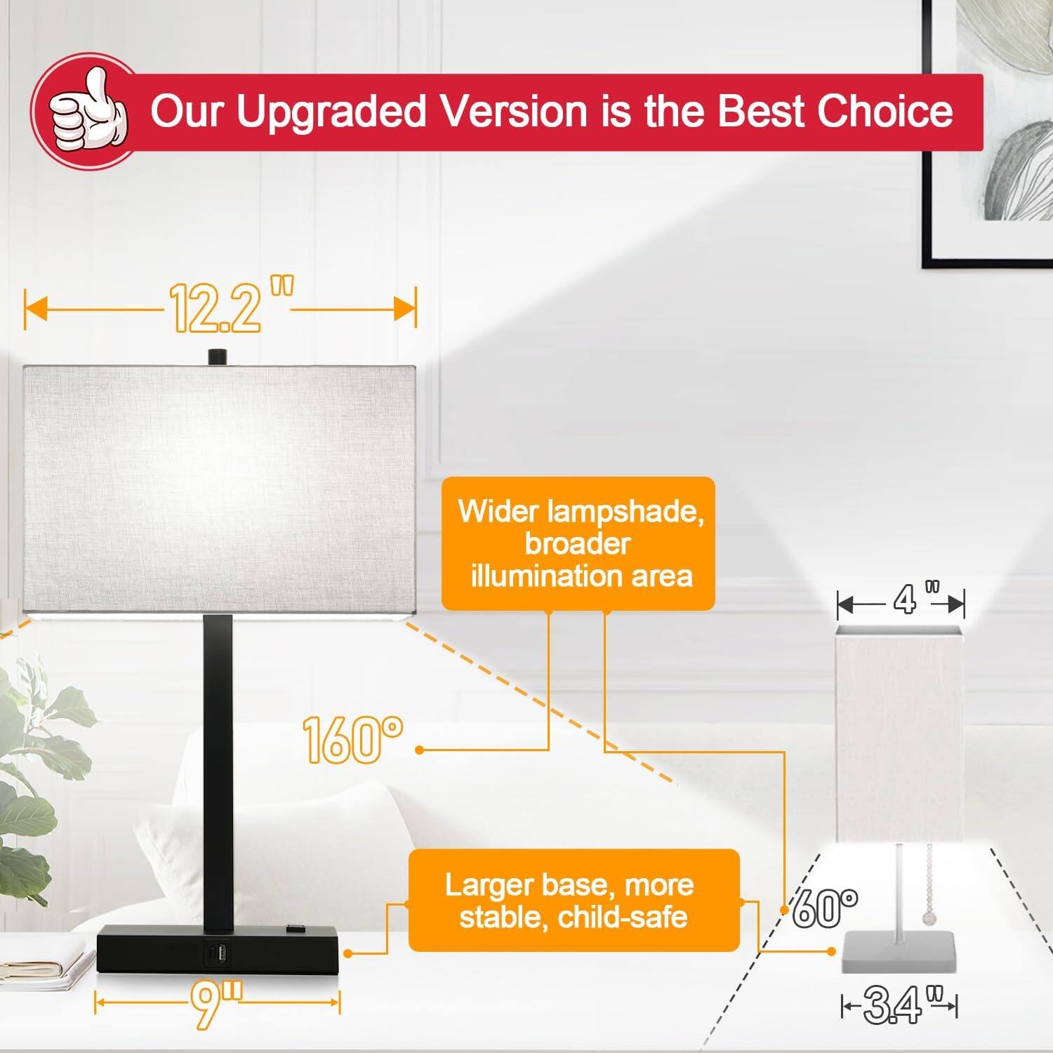 Our Upgraded Version is the Best Choice

- 12.2" Wider lampshade, broader illumination area
- 160°
- Larger base, more stable, child-safe
- 9" x 4" x 3.4"