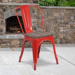 Emma + Oliver - Colorful Metal Stackable Dining Chair with Wood Seat - Red