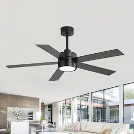 Breezary - 52-In Indoor Ceiling Fan with Led Light, 5 Plywood Blades, 6-Speed DC Motor, Remote, Timer with Memory, 5/10'' Downrods - Black