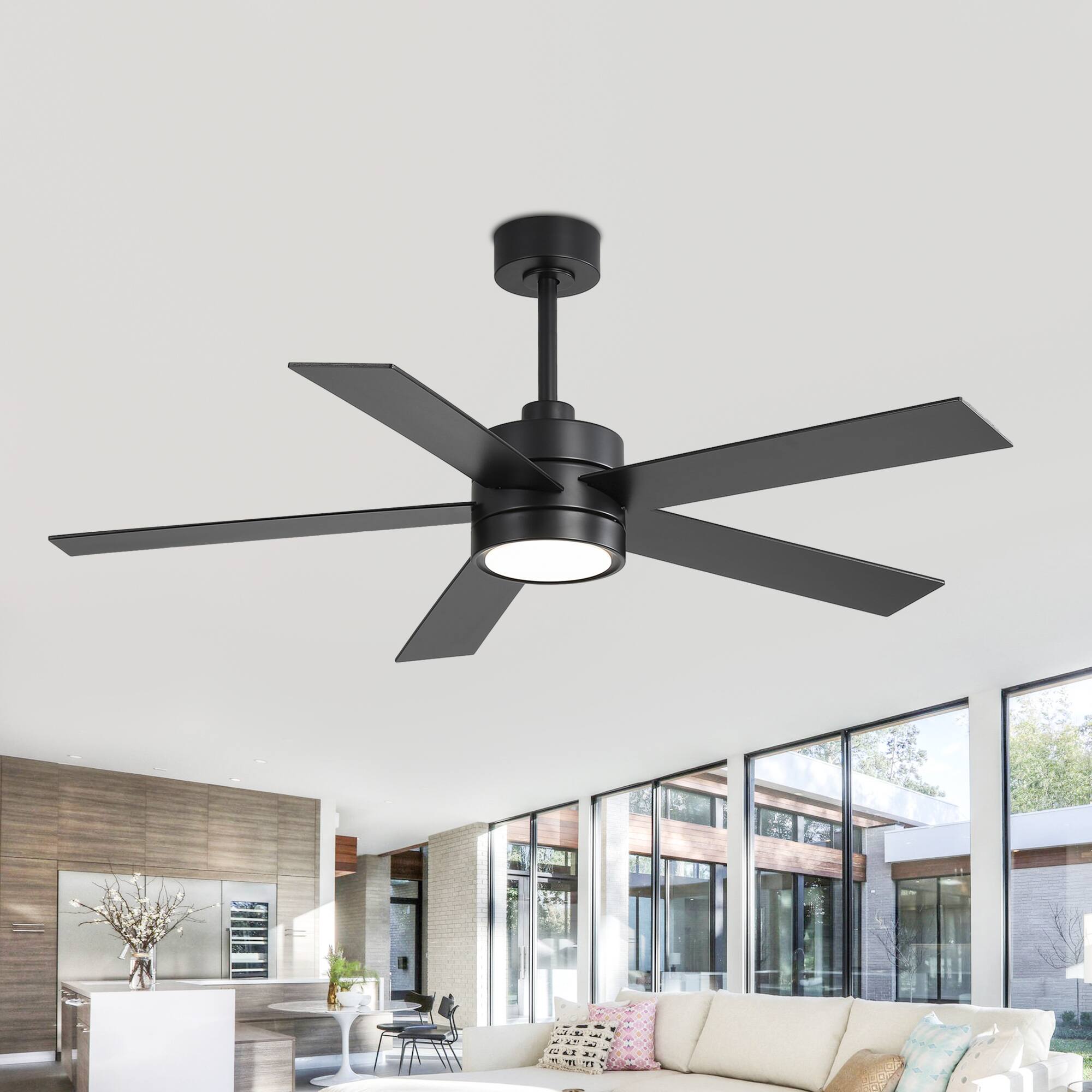 Back. Breezary - 52-In Indoor Ceiling Fan with Led Light, 5 Plywood Blades, 6-Speed DC Motor, Remote, Timer with Memory, 5/10'' Downrods - Black.