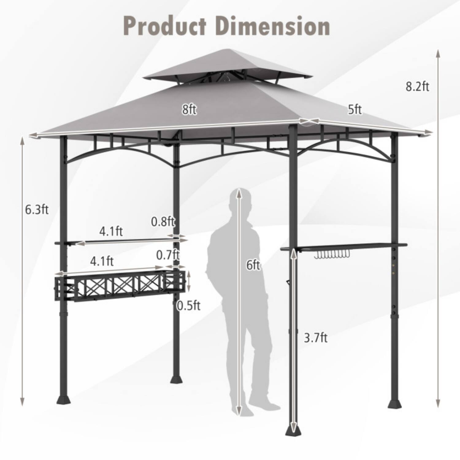 Product Dimension: 8ft, 5ft, 8.2ft, 6.3ft, 4.1ft, 0.8ft, 4.1ft, 0.7ft, 6ft, 0.5ft, 3.7ft