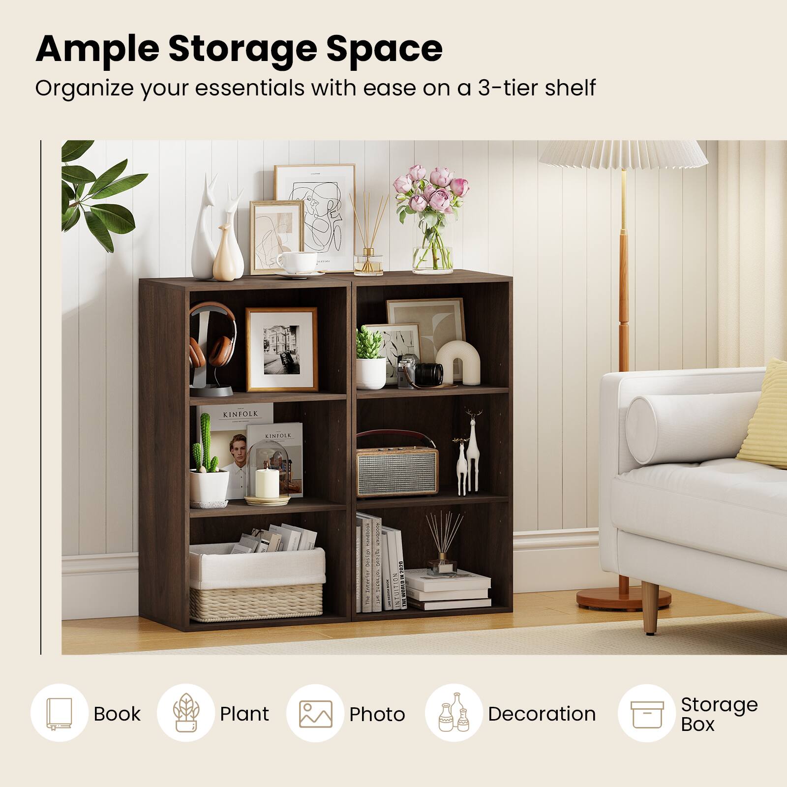 Ample Storage Space  
Organize your essentials with ease on a 3-tier shelf

KINFOLK  
KINFOLK  
MARIBESK. 0451go the Intering  
03:400 SBF  
MONE  
2020 NTUITION THE WORLD 1N 207

Book  
Plant  
Photo  
Decoration  
Storage Box