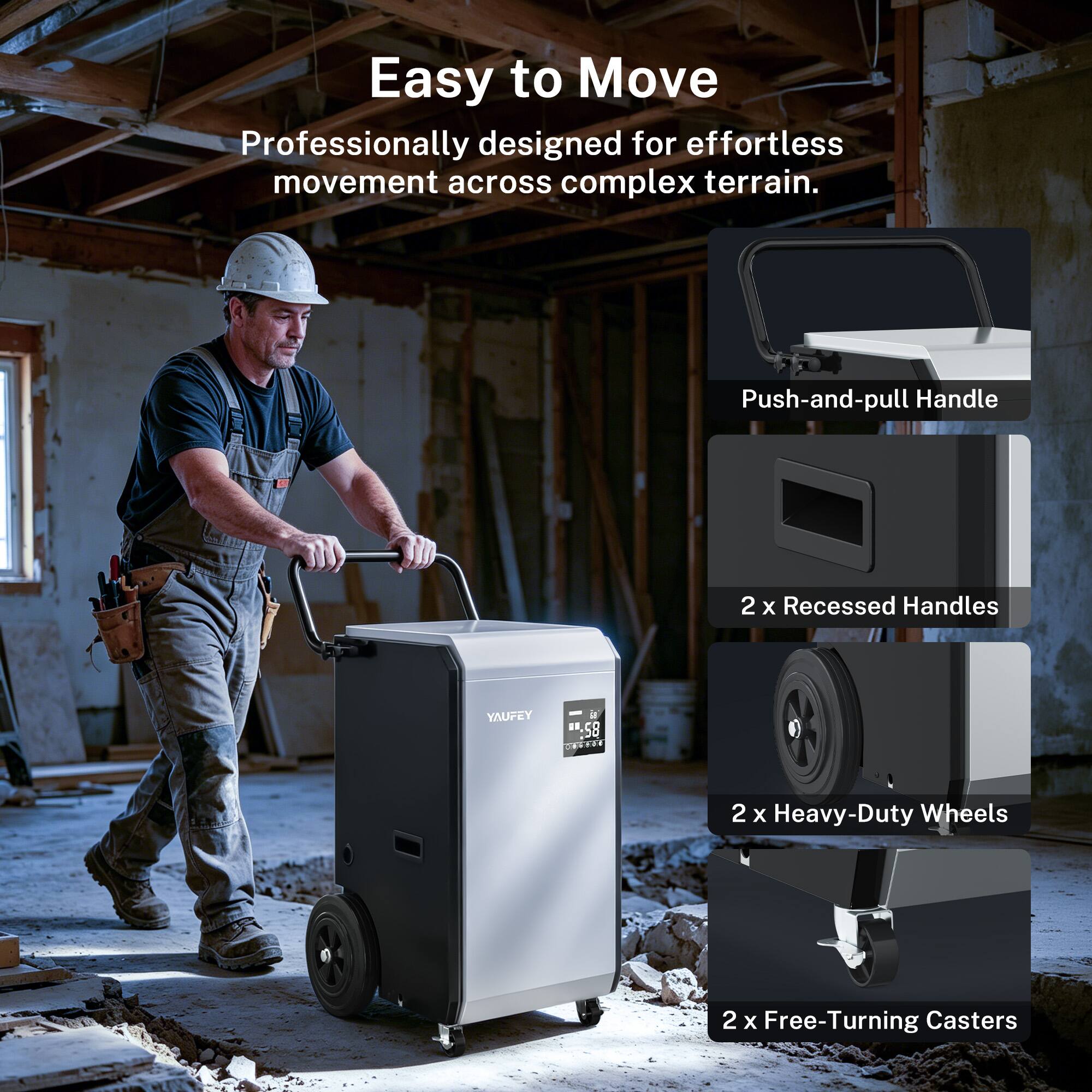 Easy to Move  
Professionally designed for effortless movement across complex terrain.  

- Push-and-pull Handle  
- 2 x Recessed Handles  
- 2 x Heavy-Duty Wheels  
- 2 x Free-Turning Casters