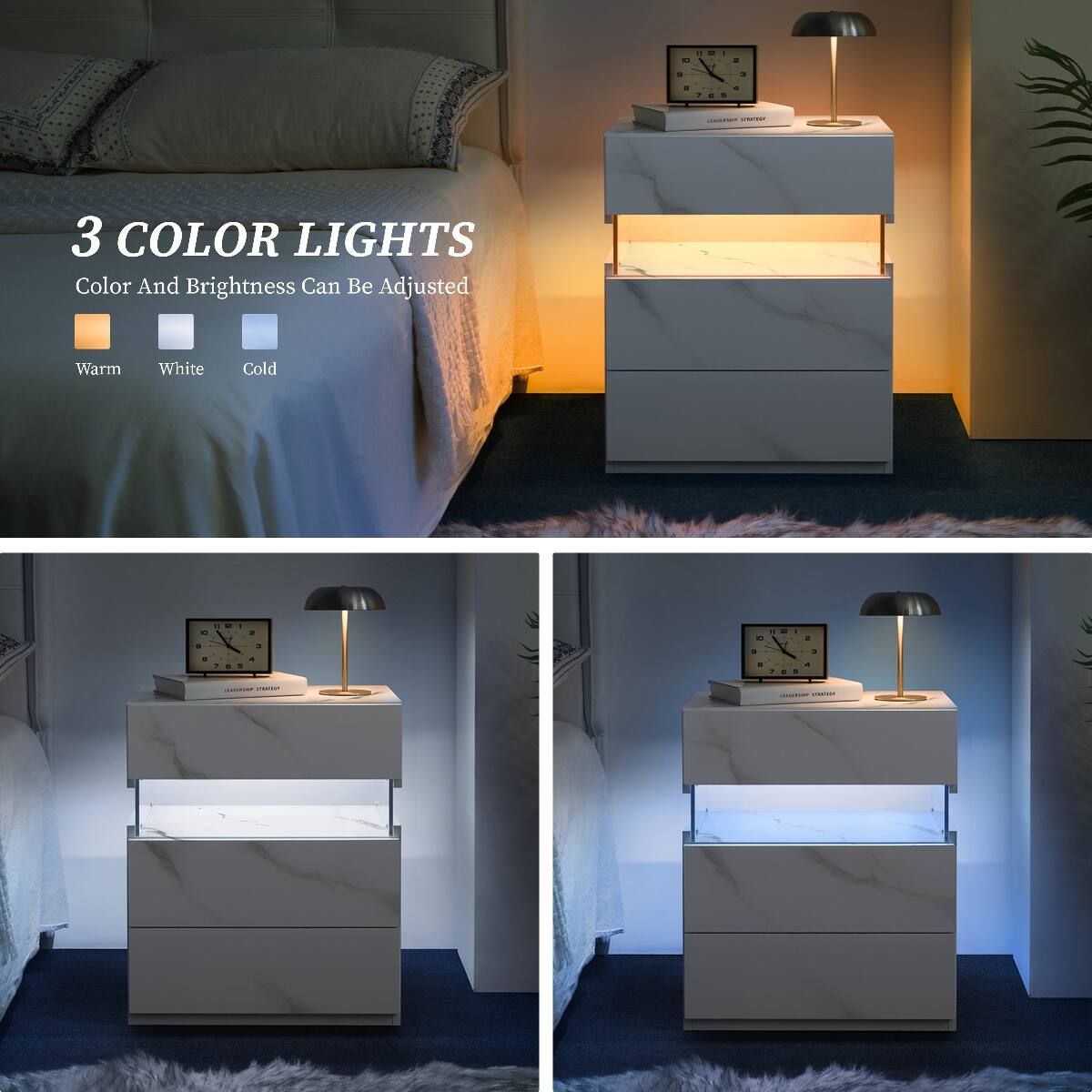 Loheer 3 Drawer LED Nightstand, Modern Bedroom Bedside Table with RGB ...