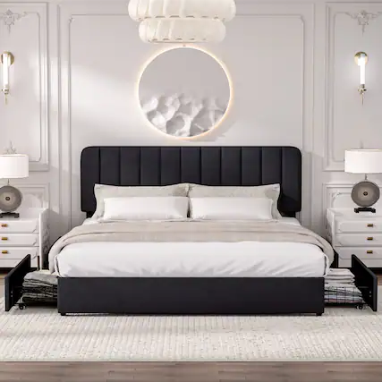 Front. Vecelo - King Size Storage Bed Frame with 4 Drawers - Velvet Upholstered, Adjustable Headboard, 800lb Capacity, Noise Free - Black.