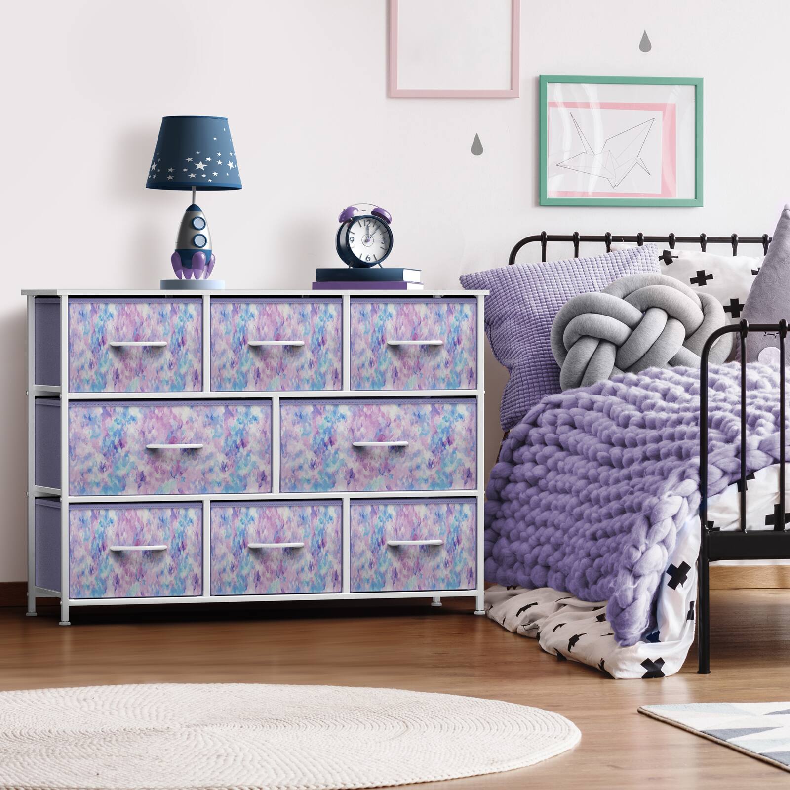 Angle. Sorbus - Sorbus 8 Drawers Wide Dresser - Organizer Unit with Steel Frame, Wood Top, and Handle, and Fabric Bins - Tie dye purple.