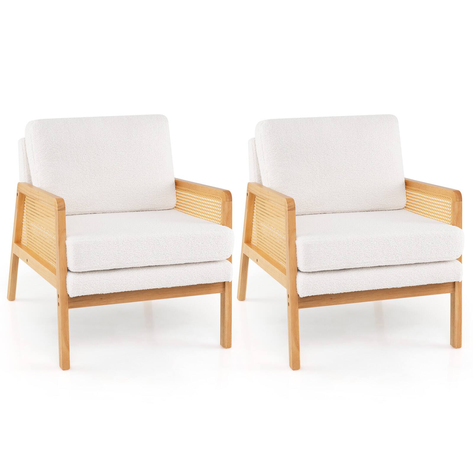 Gymax - Set Of 2 Mid Century Modern Accent Chair Living Room Armchair w/ Rattan Arms - Natural