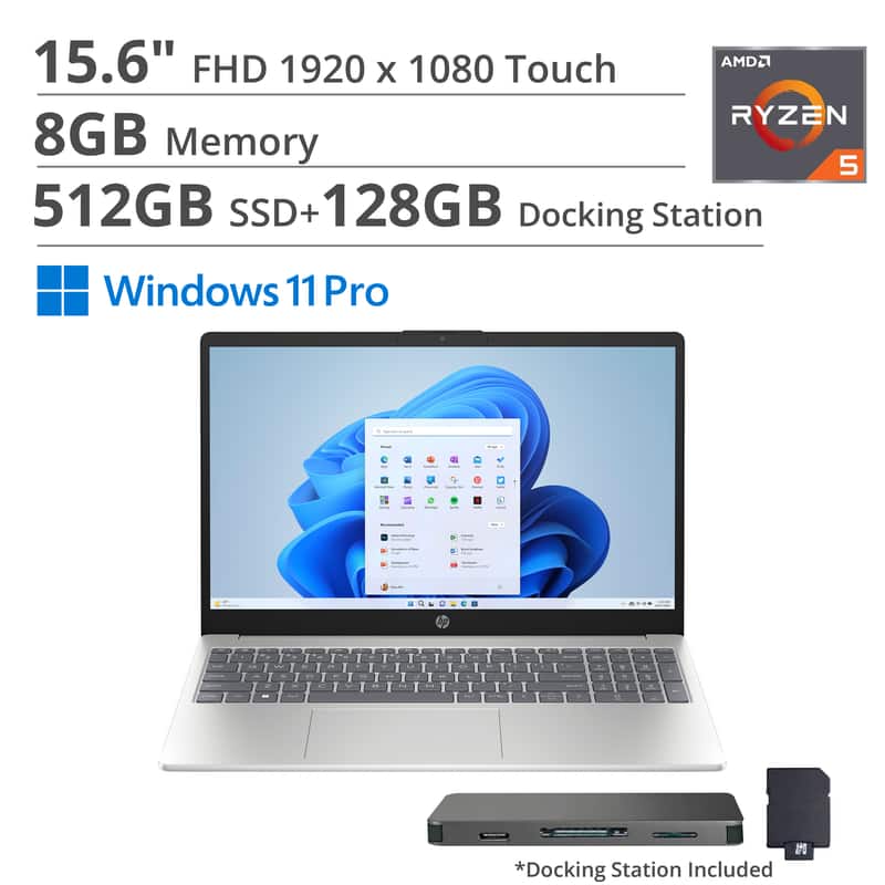HP - 15.6" FHD Touch Laptop,AMD Ryzen 5 7520U,Intel UHD Graphics,8GB RAM,512GB SSD+160GB Docking Station,Win 11 Pro - Silver