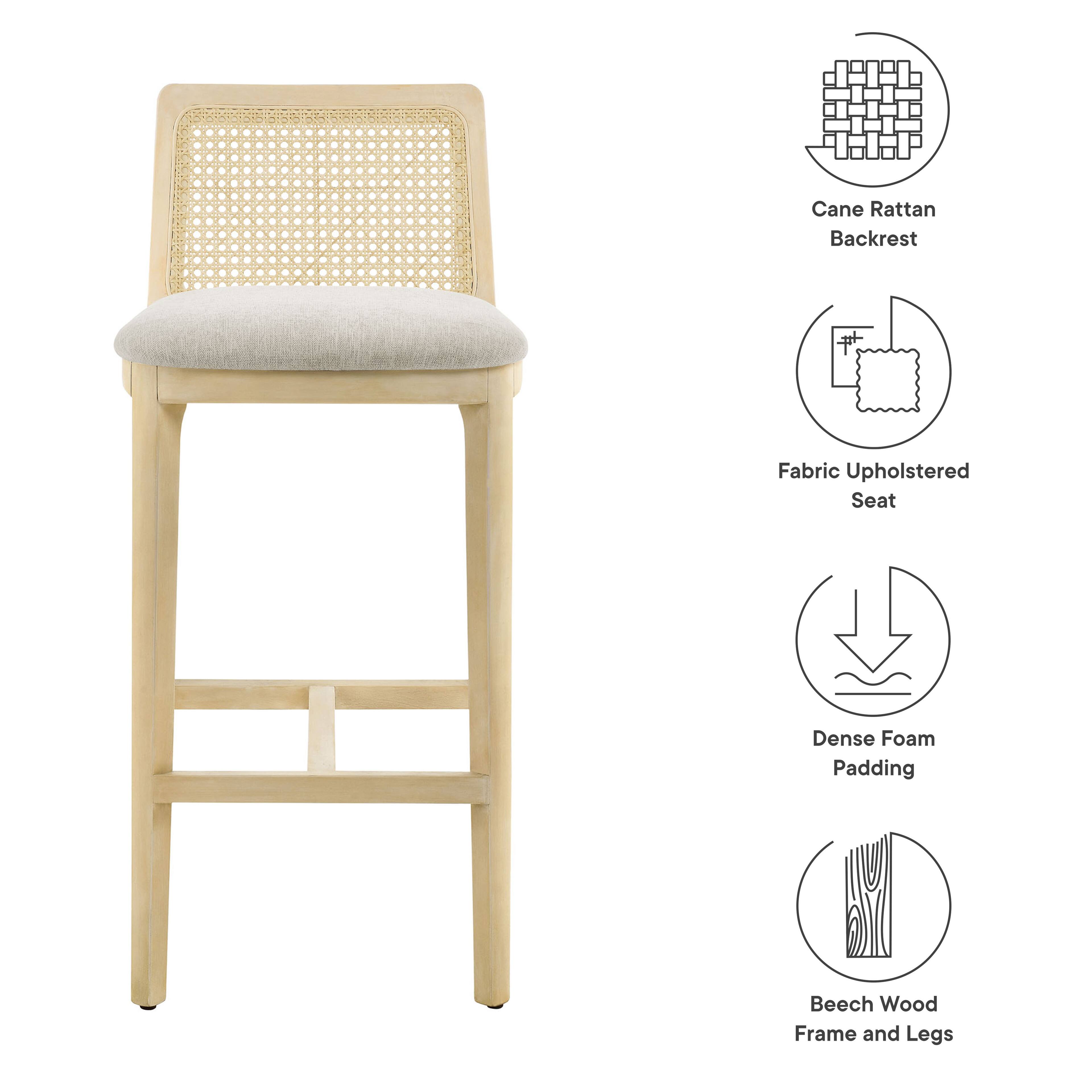 Cane Rattan Backrest  
Fabric Upholstered Seat  
Dense Foam Padding  
Beech Wood Frame and Legs