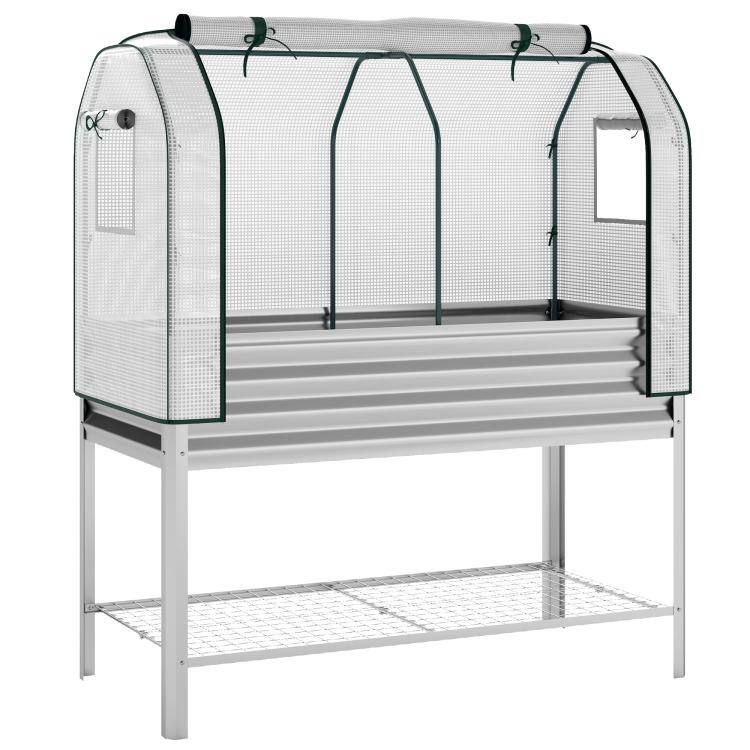 Alt View 10. PULUZ - Galvanised Raised Garden Bed with Greenhouse Cover, Metal Elevated Garden Bed with Bed Liner, Bottom Shelf - Silver.