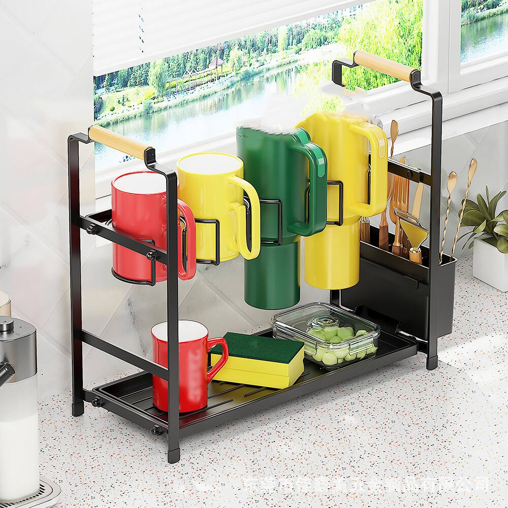 Angle. GARVEE - Water Bottle Organizer, Double Layer Cup Holder, Carbon Steel Storage Rack with Tray for Small Kitchens and Countertops - Black.