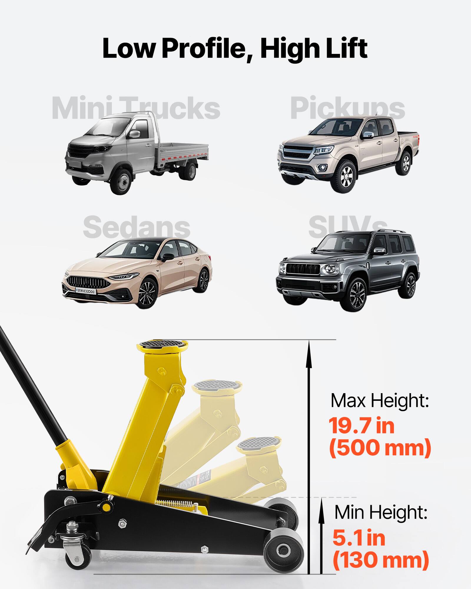 Low Profile, High Lift Mini Trucks, Pickups, Sedans, SUV

Max Height: 19.7 in (500 mm)

Min Height: 5.1 in (130 mm)