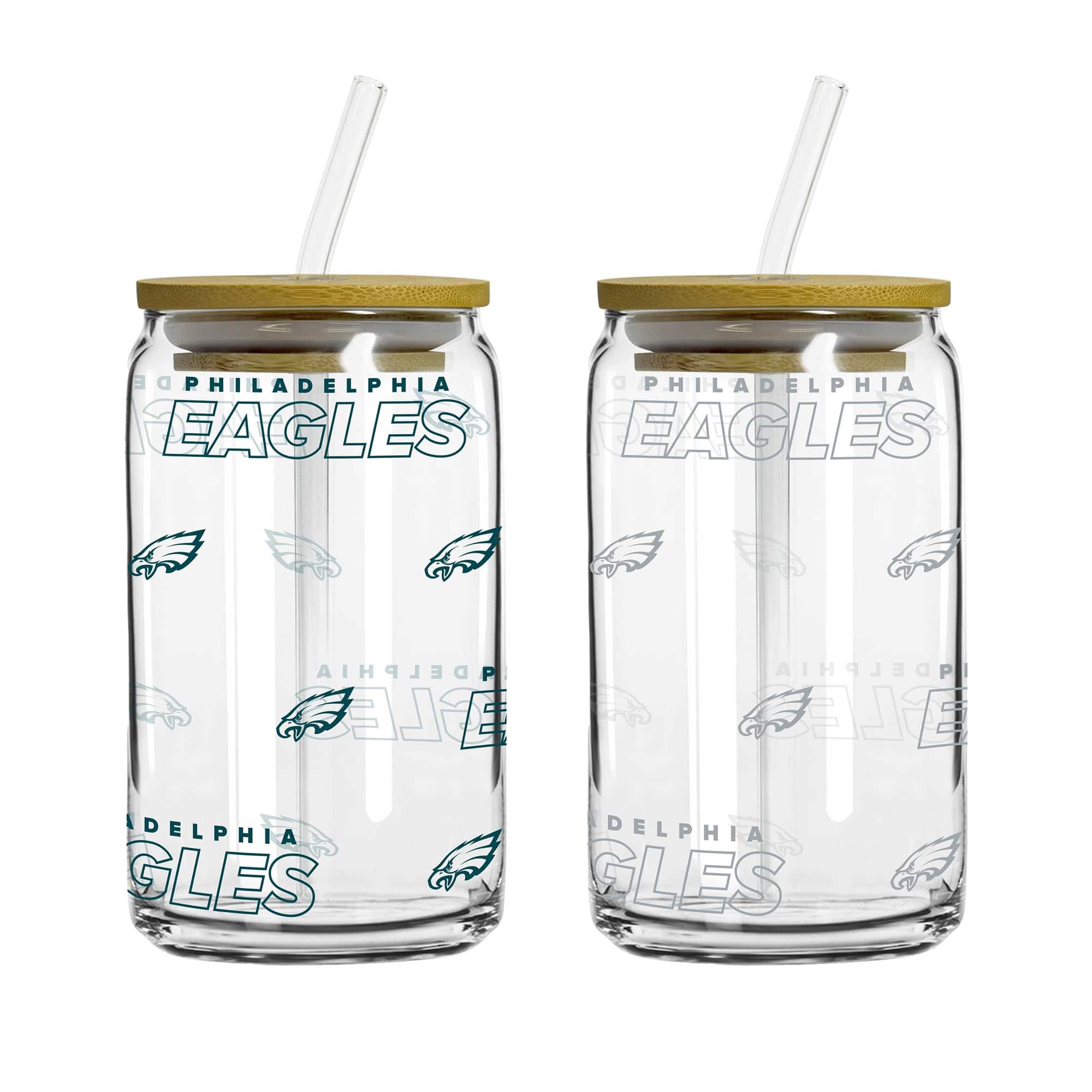 Logo Brands - Philadelphia Eagles 16oz. Step And Repeat Glass Can with Lid & Straw 2-Pack - Multicolor