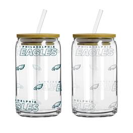 Logo Brands - Philadelphia Eagles 16oz. Step And Repeat Glass Can with Lid & Straw 2-Pack - Multicolor