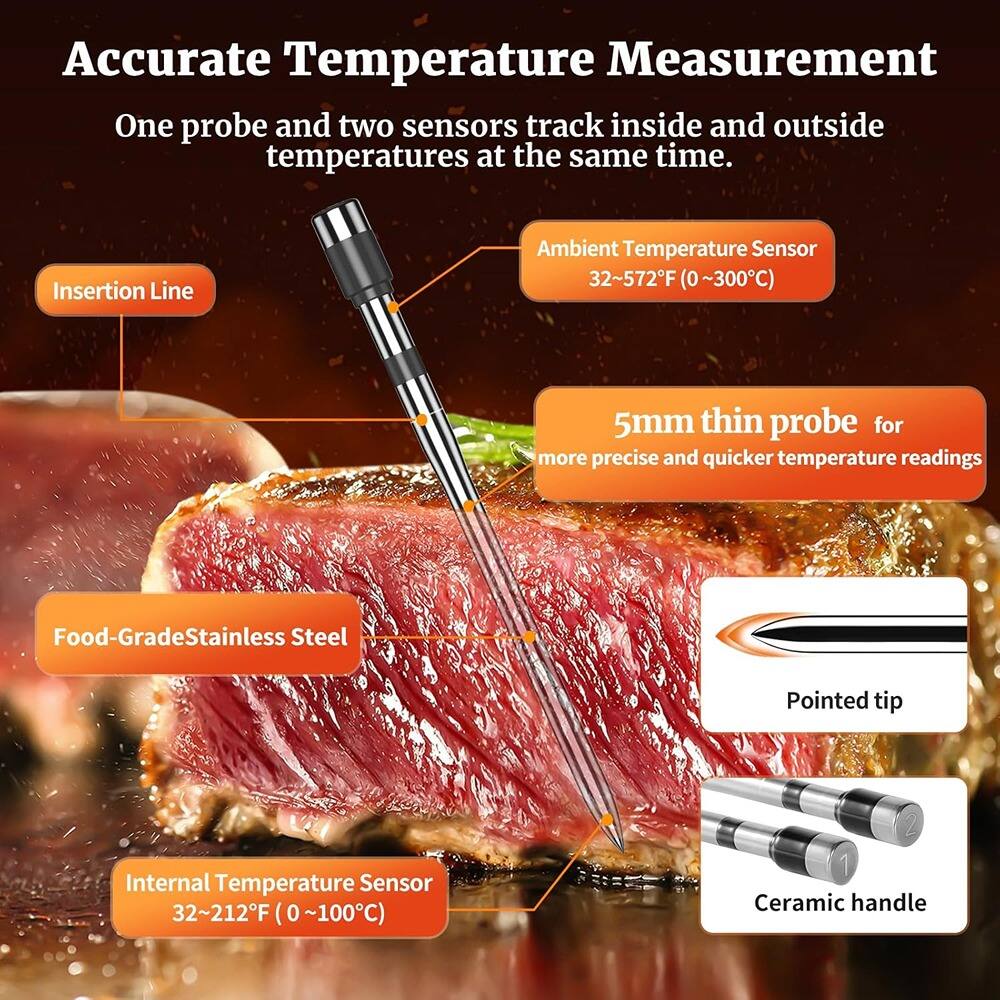 Accurate Temperature Measurement

One probe and two sensors track inside and outside temperatures at the same time.

- Ambient Temperature Sensor
  - 32~572°F (0~300°C)

- 5mm thin probe for more precise and quicker temperature readings

- Food-Grade Stainless Steel

- Internal Temperature Sensor
  - 32~212°F (0~100°C)

- Insertion Line

- Pointed tip

- Ceramic handle