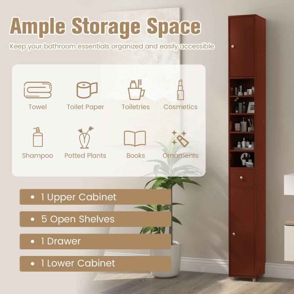 Ample Storage Space  
Keep your bathroom essentials organized and easily accessible  

- Towel  
- Toilet Paper  
- Toiletries  
- Cosmetics  
- Shampoo  
- Potted Plants  
- Books  
- Ornaments  

- 1 Upper Cabinet  
- 5 Open Shelves  
- 1 Drawer  
- 1 Lower Cabinet