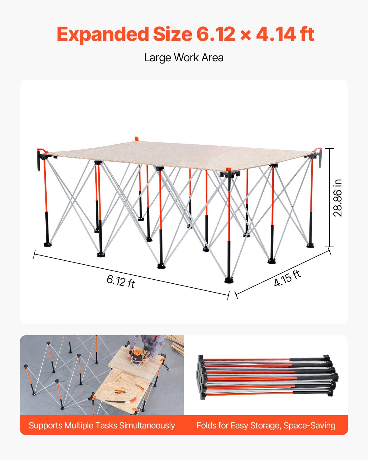 Expanded Size 6.12 x 4.14 ft  
Large Work Area  

Supports Multiple Tasks Simultaneously  
Folds for Easy Storage, Space-Saving