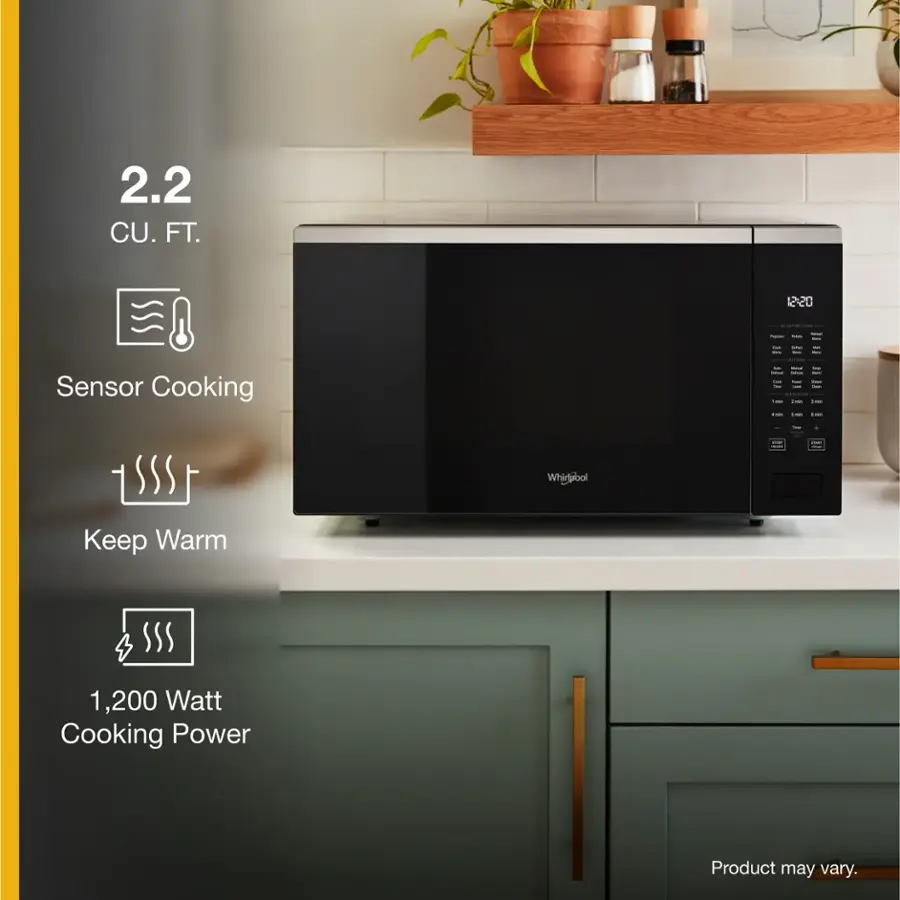 The text on the image is grouped as follows:

1. Sensor Cooking
2. 2.2 CU. FT.
3. 12:20
4. Keep Warm
5. 1,200 Watt Cooking Power
6. Product may vary.