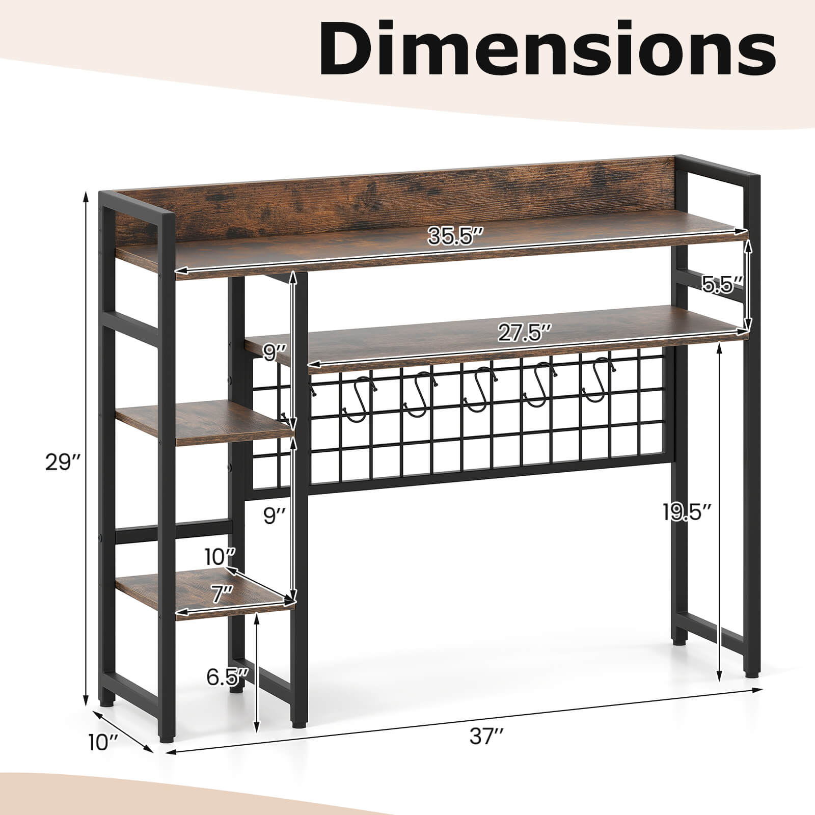 Dimensions: 35.5" x 5.5" x 29" x 9" x 27.5" x 1" x 1" x 1" x 9" x 19.5" x 10" x 7" x 6.5" x 10" x 37".