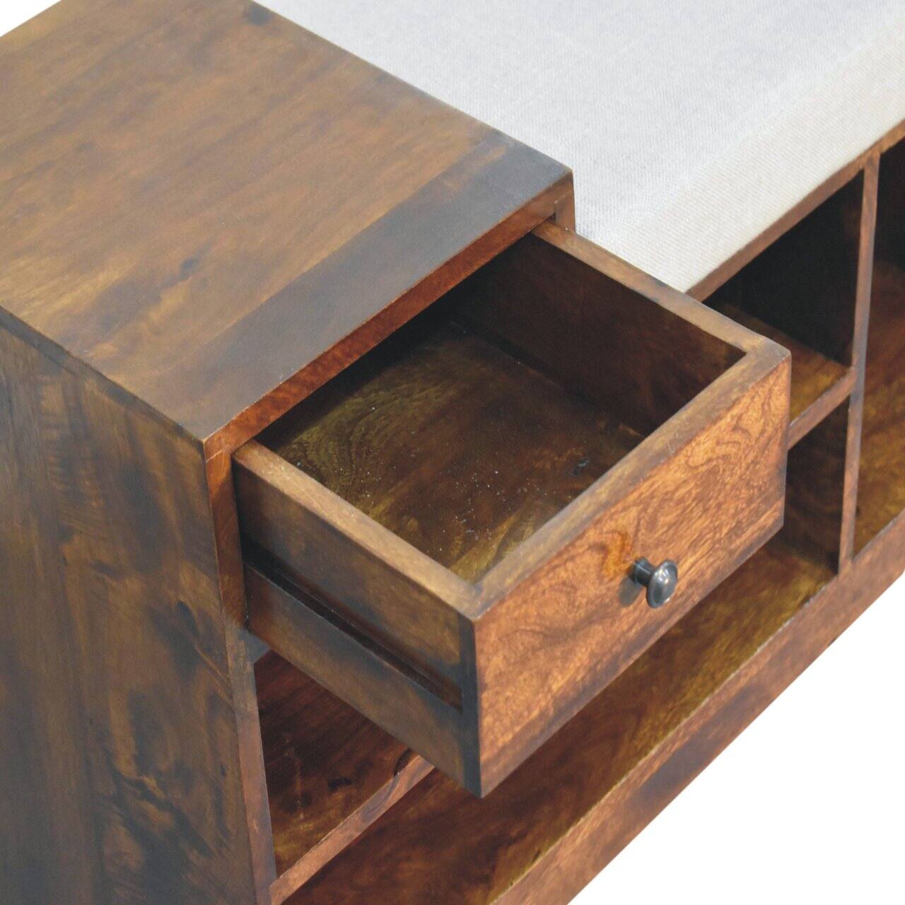 Alt View 2. Artisan Furniture - Artisan Furniture Solid Wood Retreat Chestnut Shoe Bench, Upholstered, 1 Drawer, 3 Shelves, Dark Brown & White - Brown & White.