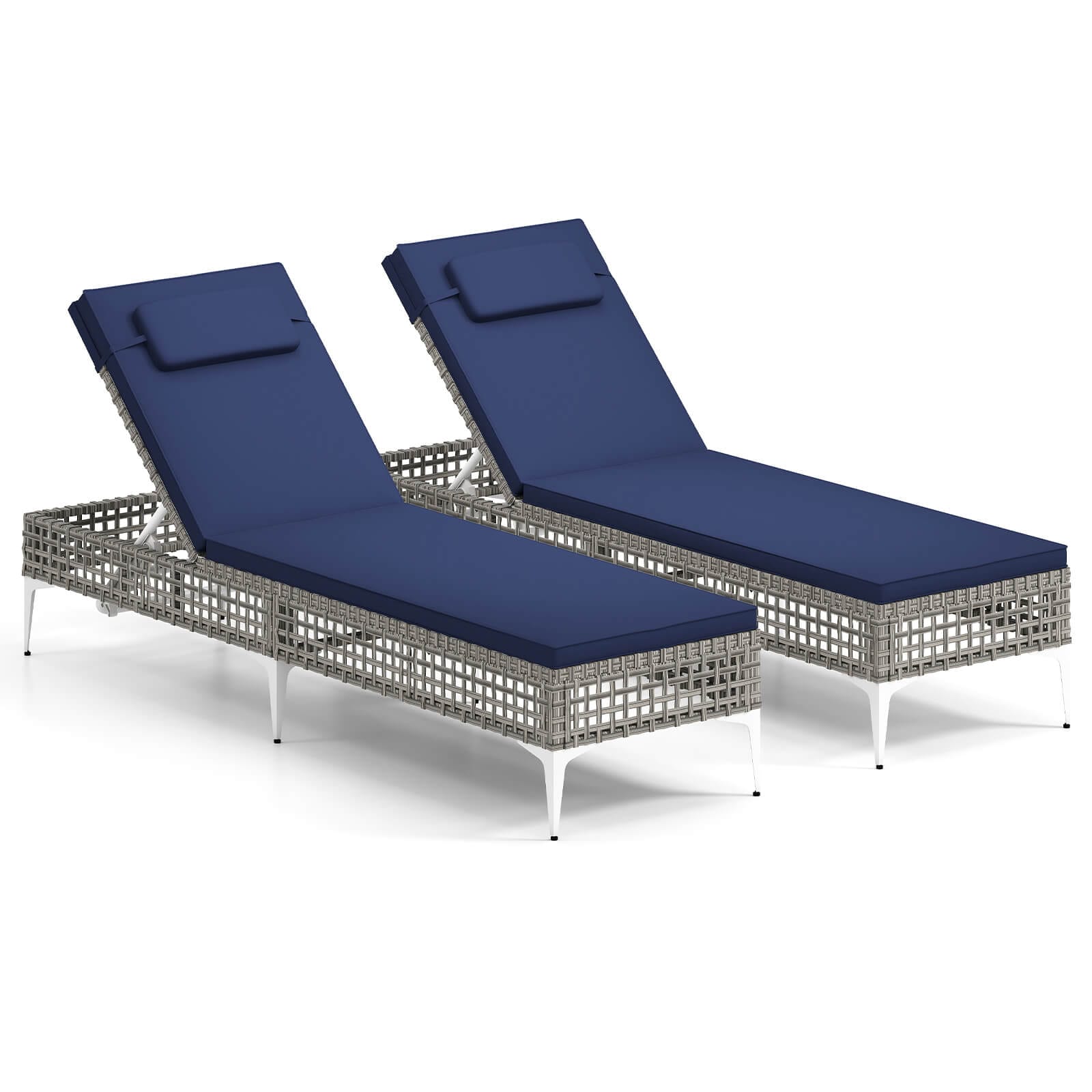 Costway - 2 PCS Patio Chaise Lounge Chair with 6-Level Adjustable Backrest Removable Cushion - Navy